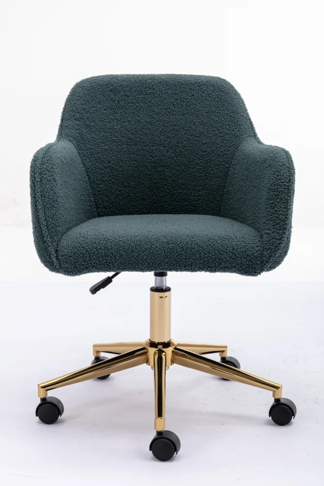 Modern Swivel Desk Chair, Teddy Fabric Home Office Task Chair Adjustable Swivel Mid-Back Cute Upholstered Accent Vanity Armchair with Gold Metal Legs and Universal Wheel for Home Office, Green