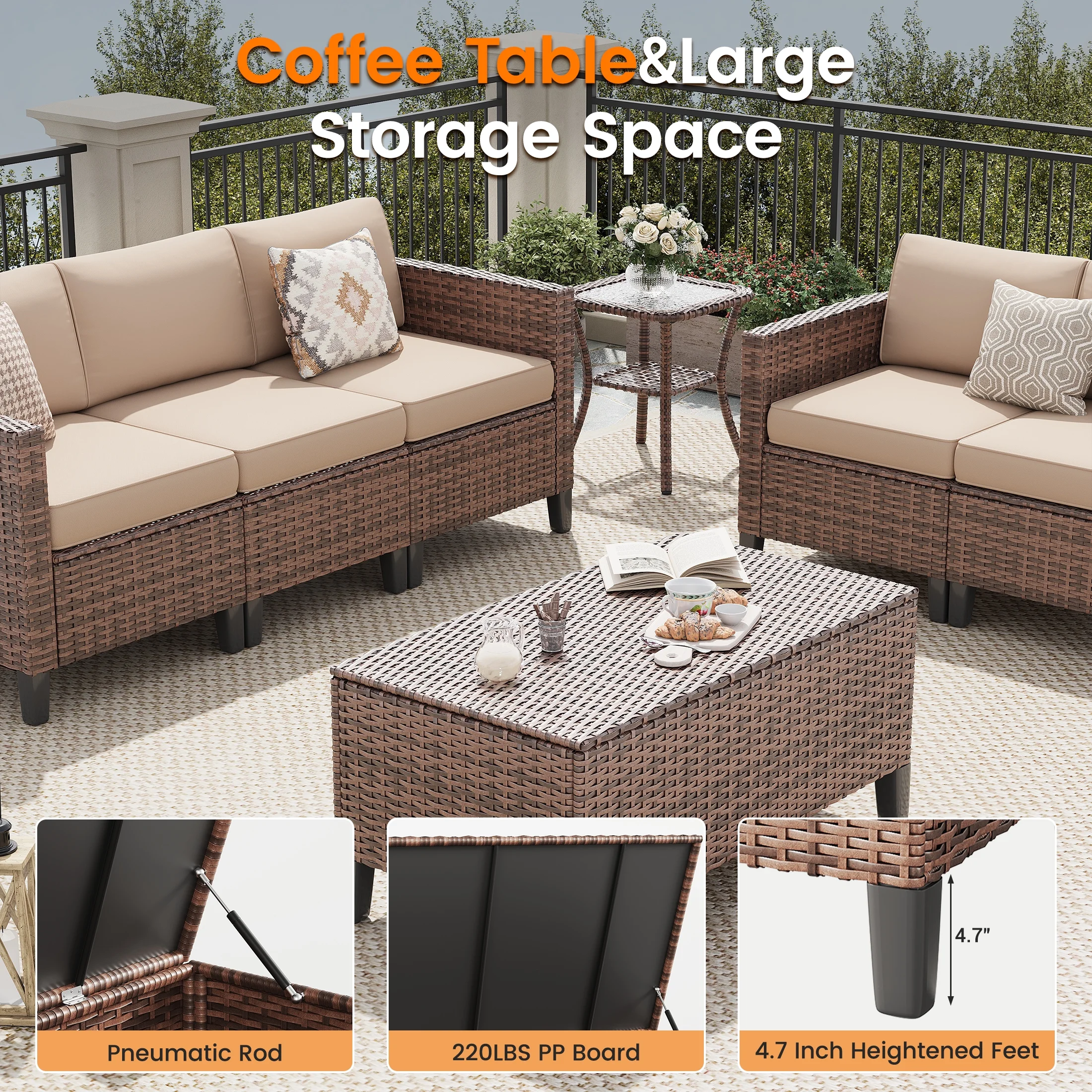 Poteban Outdoor Patio Furniture Set, Rocking Swivel Chair, 9 Pieces Wicker Rattan Sectional Furniture for Backyard (Grey)