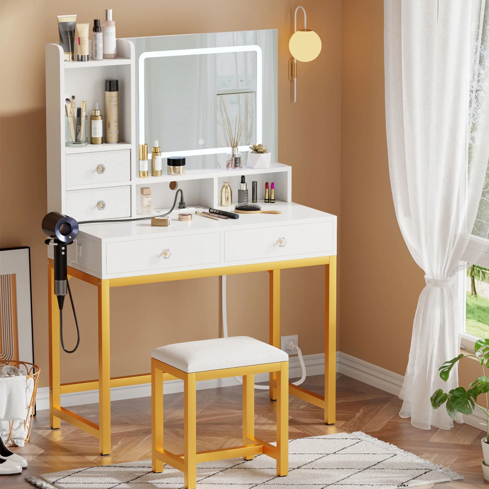 Satifur White Vanity Desk Set with Mirror and Lights, Makeup Table with Charging Station, Comfortable Bench, Big Vanity with 3 Storage Compartments, 39.4in