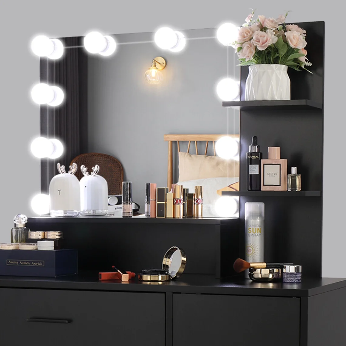 Black Bedroom Makeup Vanity Set, Vanity Desk with Light, Mirror and Cushioned Stool, Modern Makeup Dressing Table for Girls, Wife, Daughter, Mother, Adjustable Light Brightness