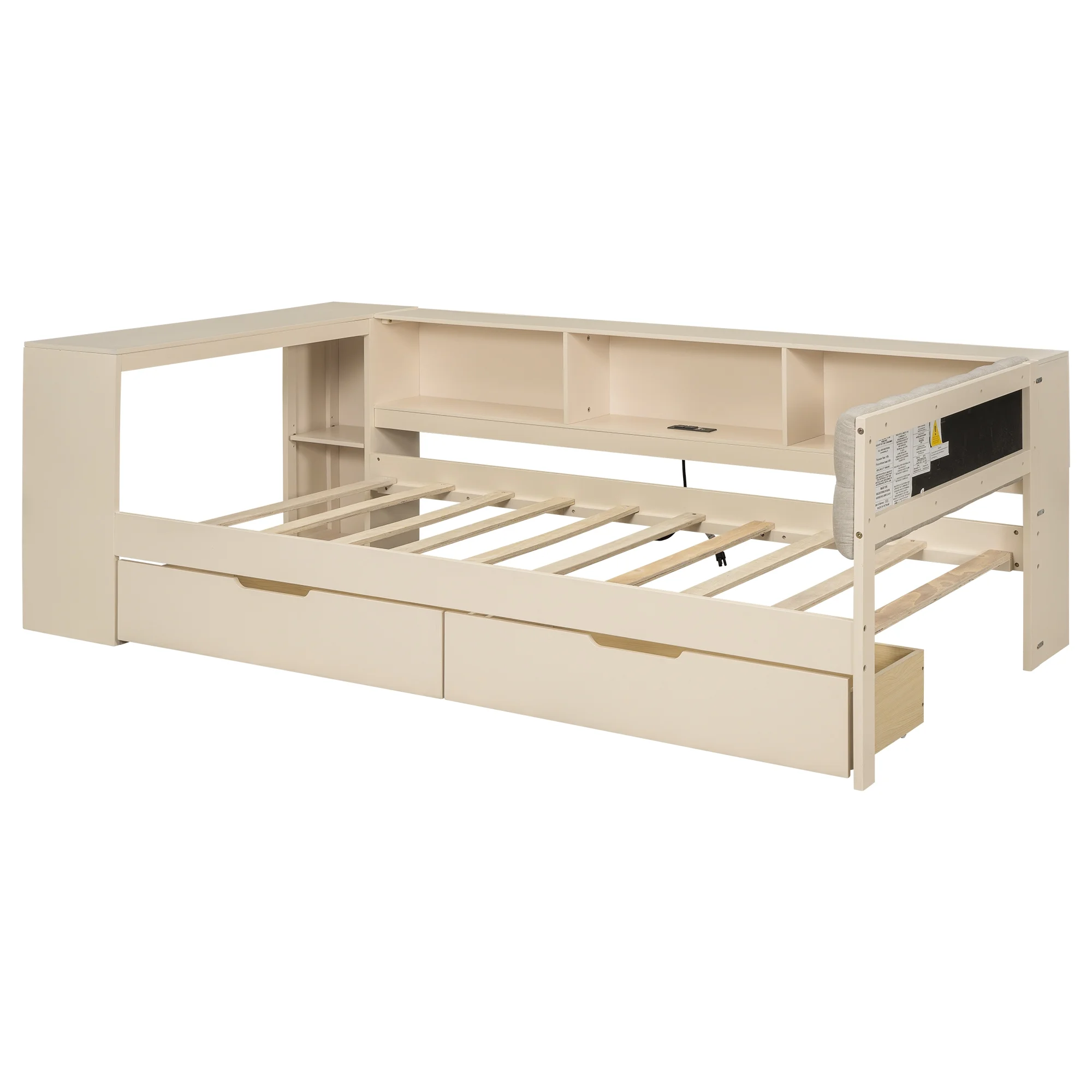Euroco Wood Twin Size Platform Bed with Desk and Shelves, Drawers and USB Charging for Kids, Cream