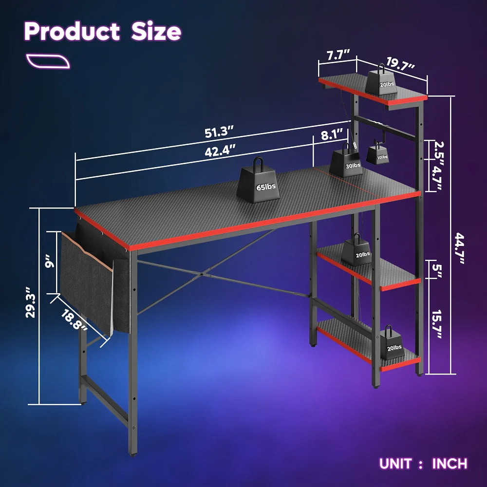 Bestier 52 inch Gaming Computer Desk with LED Lights & Shelves Carbon Fiber, Reversible desk