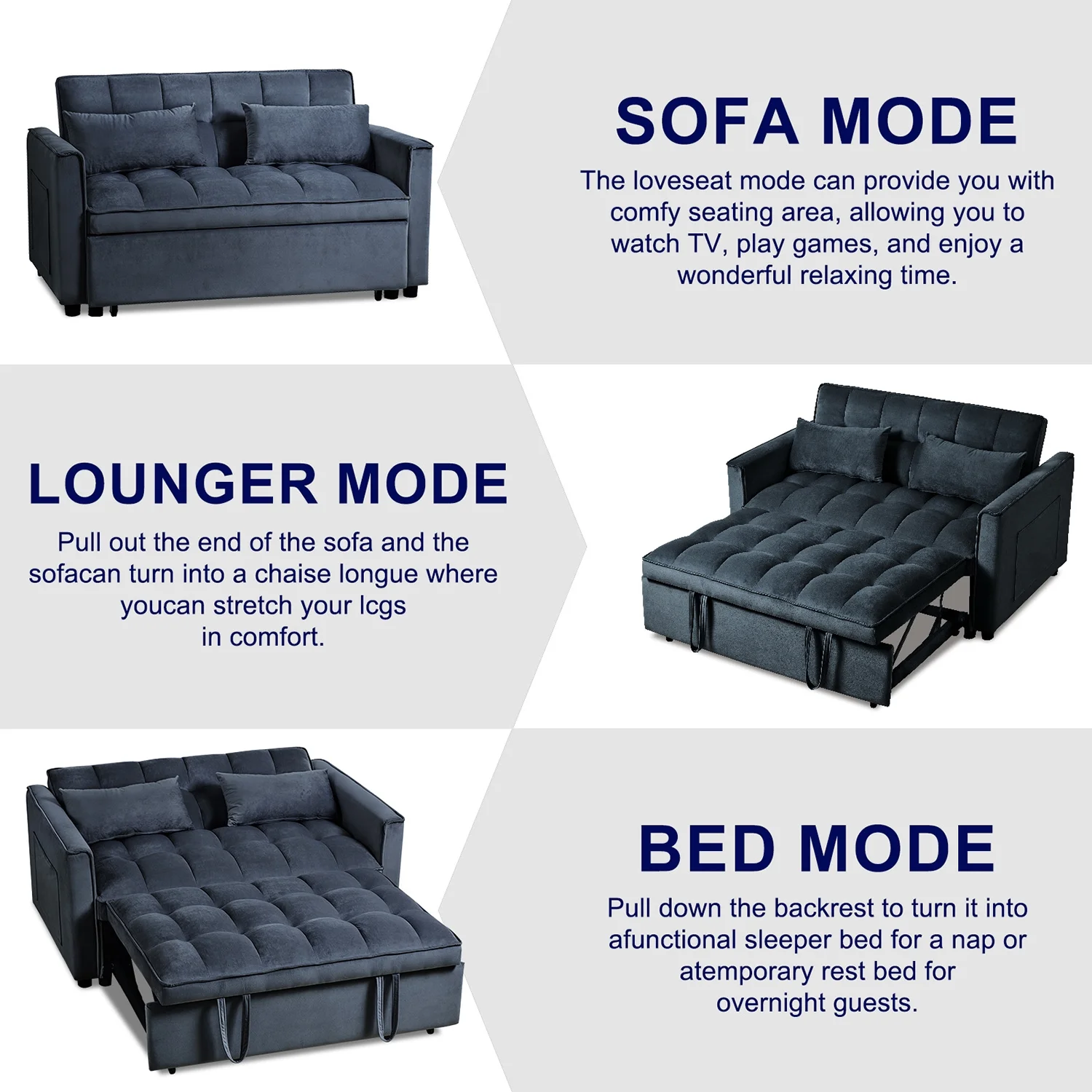 3 in 1 Convertible Sleeper Sofa Bed, Futon Couches for Living Room with Side Pocket | Adjustable Backrest| Velvet Fabric | Pull Out Couch | Love-seat sofa| Sectional Sofa Bed| 2-seat sofa bed