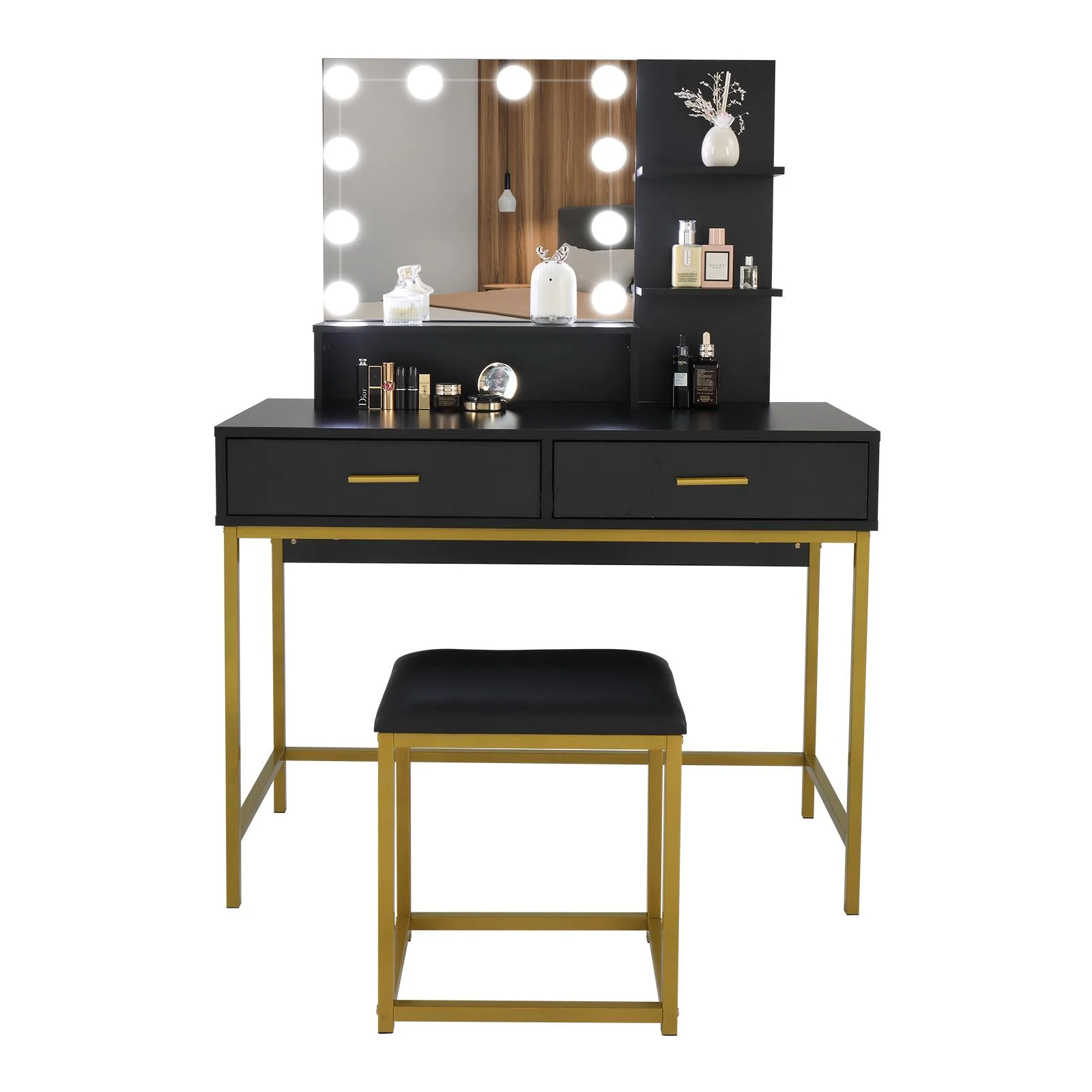 Ktaxon Vanity Table Set with 3 Color Lighted Mirror & Stool, Makeup Vanity Dressing Table, 2 Drawers and Storage Shelves for Bedroom, Gold Vanity Desk for Women (White)