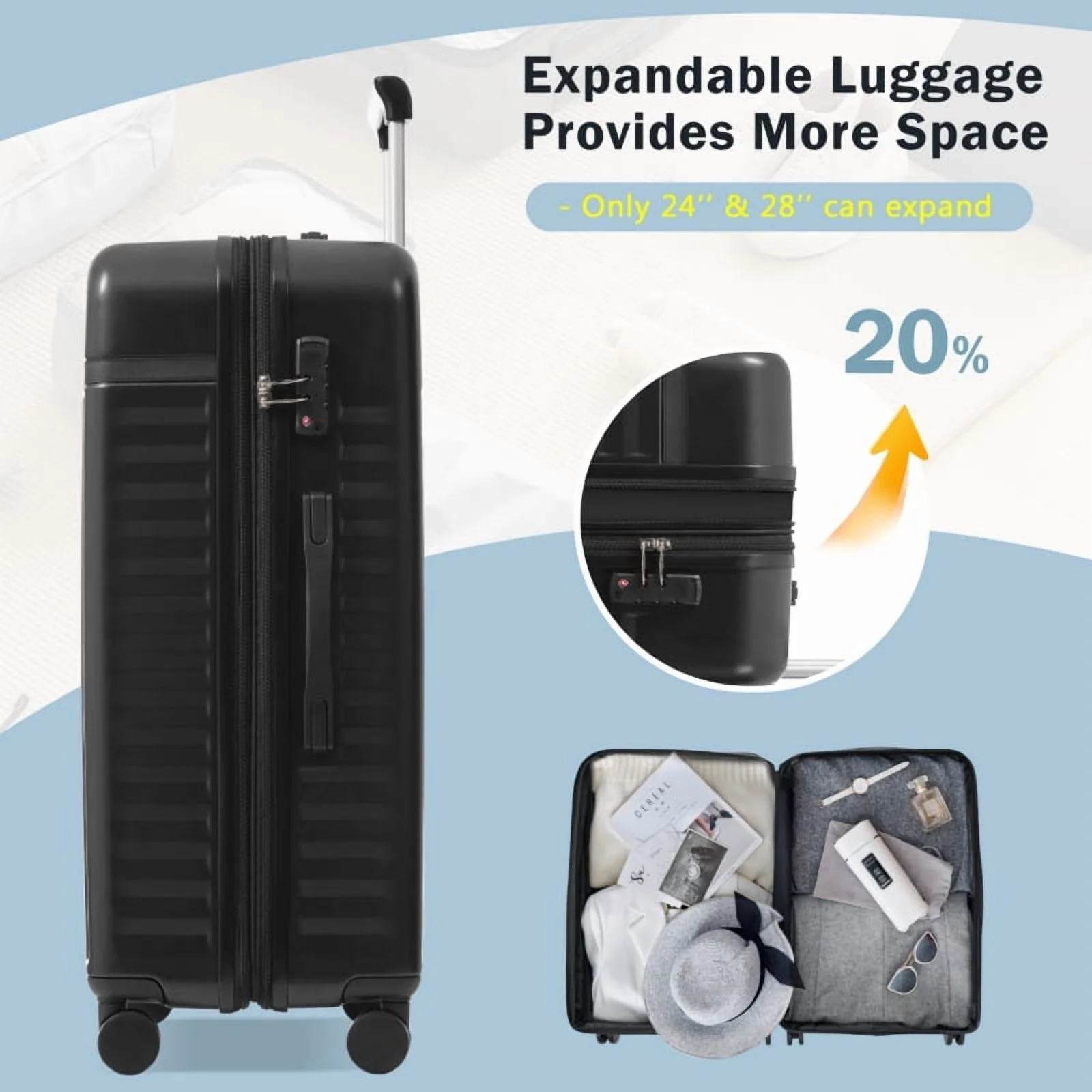 Front Opening Luggage Set 3 Piece, Hardside Carry on Suitcase with USB Port, Expandable Luggage with Handle Bag Spinner Wheels TSA Lock