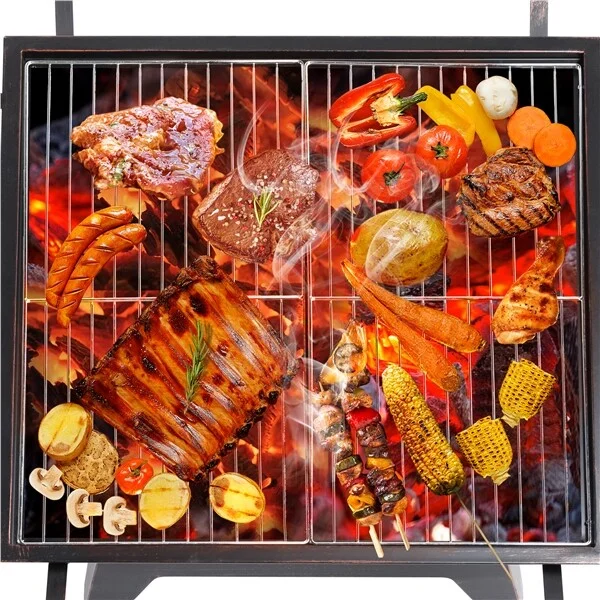 ETHFRF32 inch oversized square outdoor woodenbrazierwithhightemperatureresistance and thick steel plate material, equipped with splash proof mesh cover and barbecue grill set