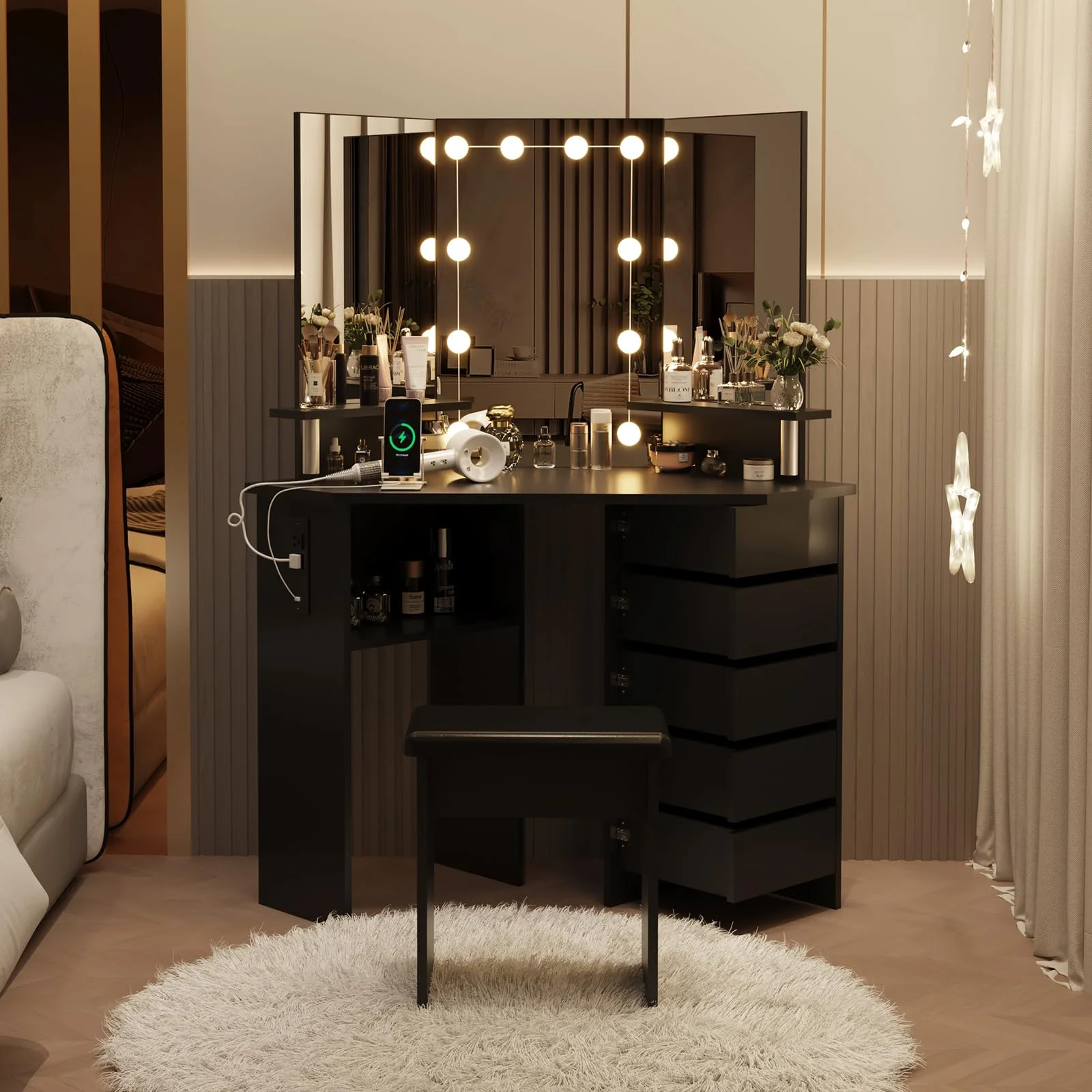 Ataucjin Makeup Vanity Desk With Lights Mirror & Power Outlet Corner Makeup Vanity Table With 5 Rotating Drawers Shelves And Stool 3 Color Lighting Makeup Table Bedroom Dressing Table