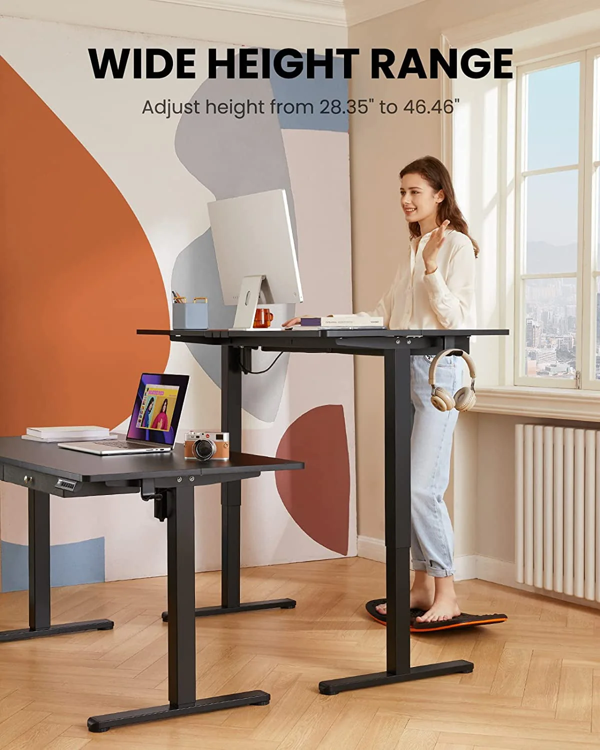 Kyspho Adjustable Height Electric Standing Desk with Double Drawers, 48x24 inches Sit Stand Up Desk Computer Workstation for Home Office, Black