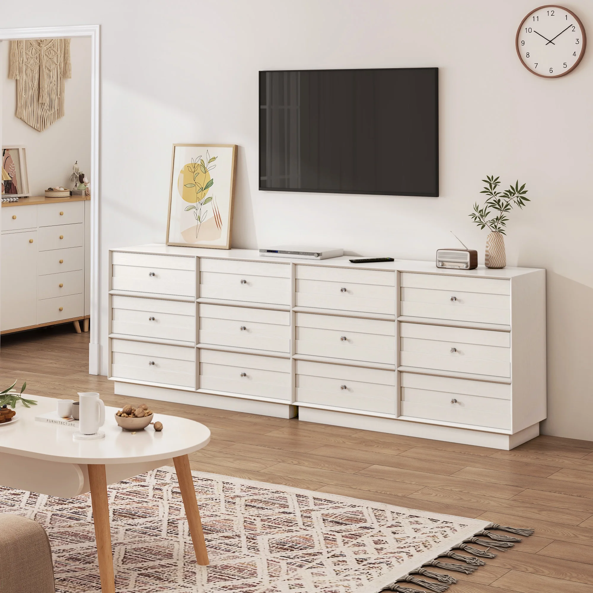 May Color Large White 3 Drawer Dresser Set of 2 with Fluted Panel, Modern Chest of Drawers with Silent Slide Drawers, Wood Accent Nightstand with Storage for Bedroom Living Room, Hallway