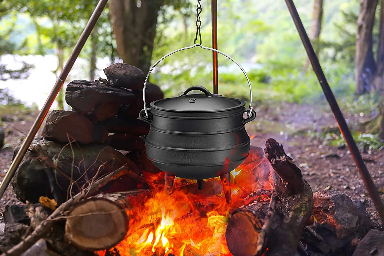 Bruntmor Pre-Seasoned Cast Iron Cauldron - Bruntmor African Potjie Pot with Lid - 3 Legs for Even Heat Distribution - Camping Dutch Oven Cookware for Over-the-Fire Cooking - 10 Quarts, X-Large