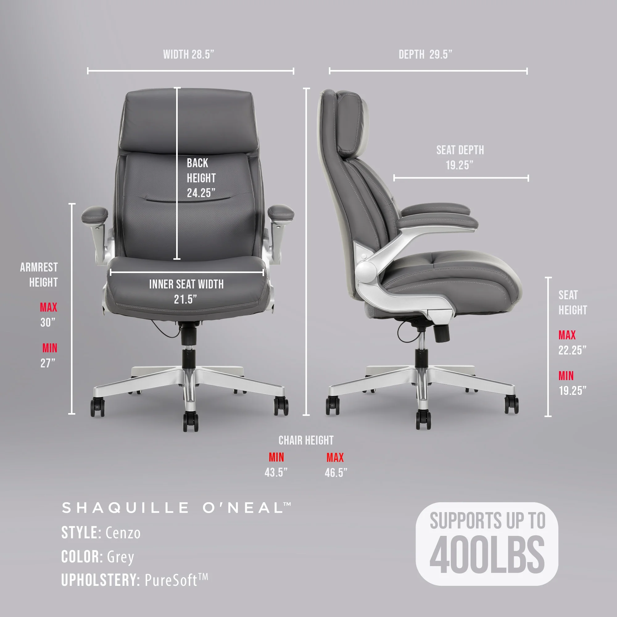 Shaquille O'Neal Cenzo Ergonomic Big and Tall Office Chair ,Flip-Up Arms PureSoft Upholstery High-Back Desk Chair with 400 lb Capacity, Black
