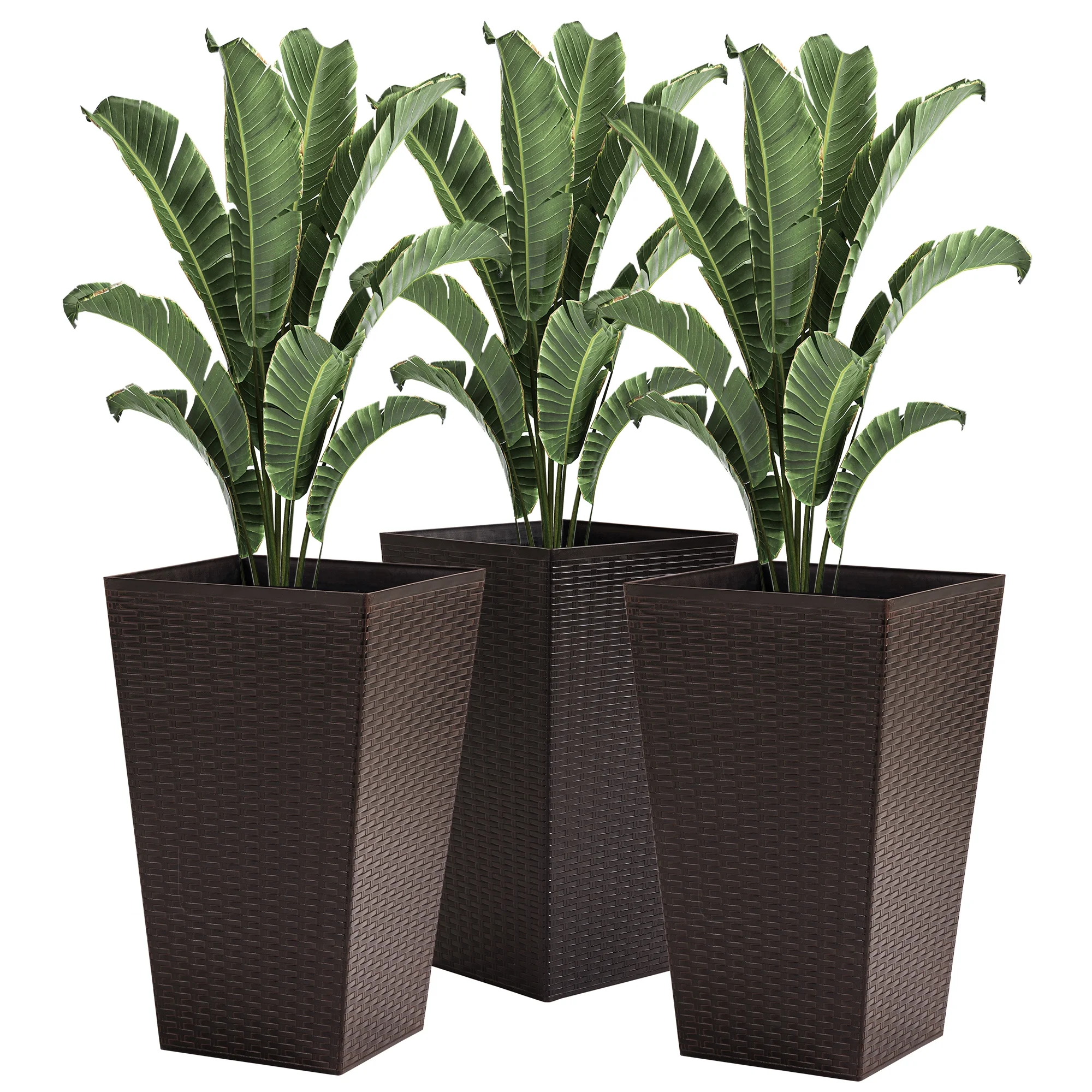 Outsunny Set of 3 Tall Planters with Drainage Hole, Outdoor Flower Plant Pots, Indoor Planters for Porch, Front Door, Entryway, Patio and Deck, Black