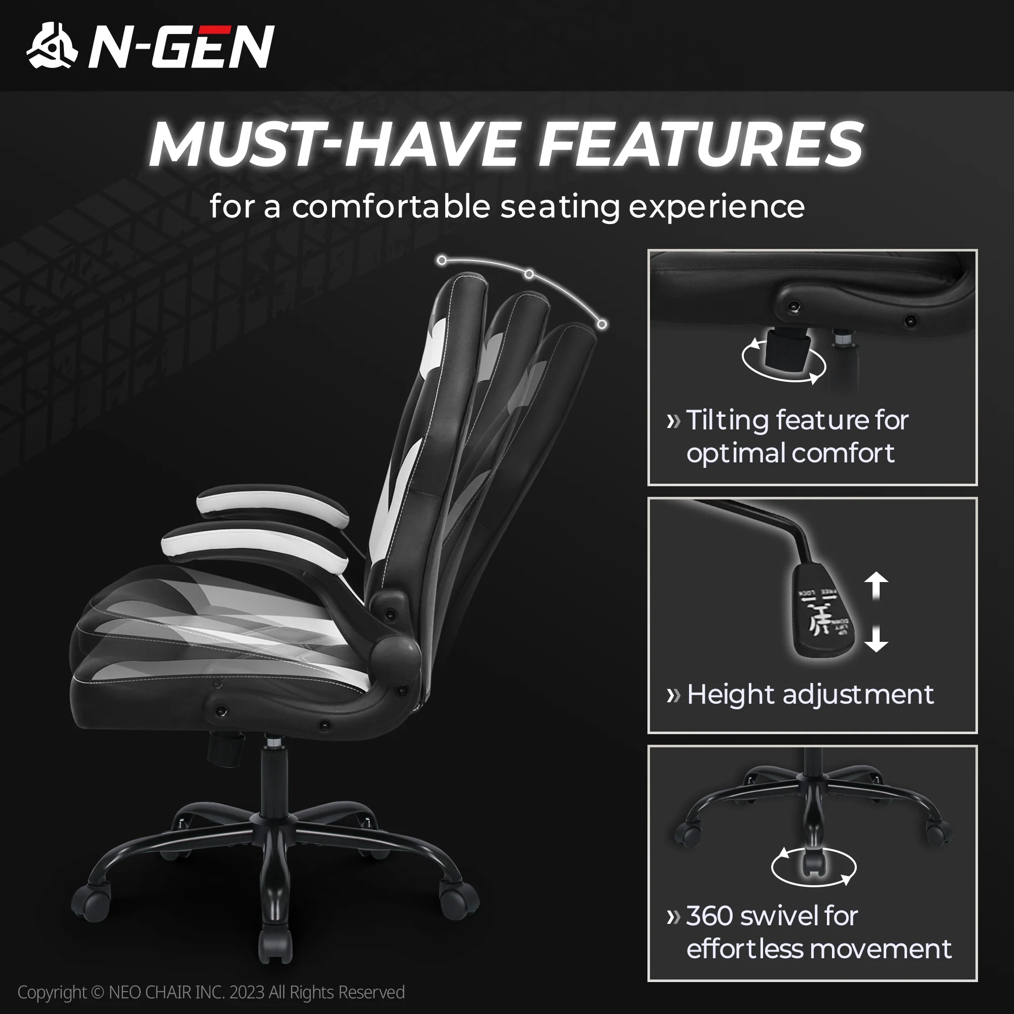 N-GEN Red Gaming Chair, Flip-up Armrest Computer Chair Ergonomic Office Chair PU Leather Desk Chair Executive Adjustable Swivel Task Chair