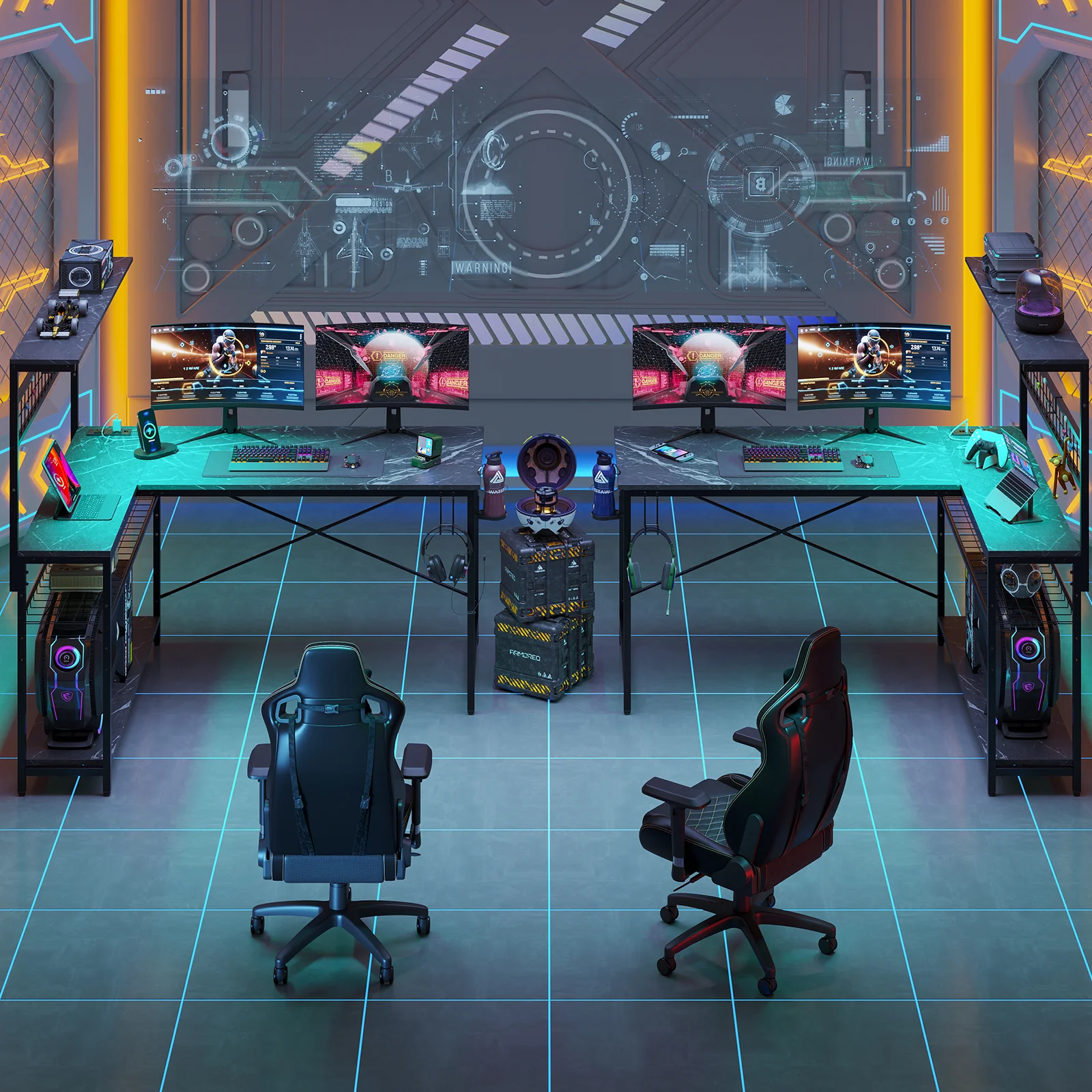 Bestier 51 L Shaped Gaming Desk with Power Outlets & LED Light, Computer Desk with 4 Tiers Shelves for Home Office, Reversible Gamer Table with Hooks and Cup Holder, Carbon Fiber