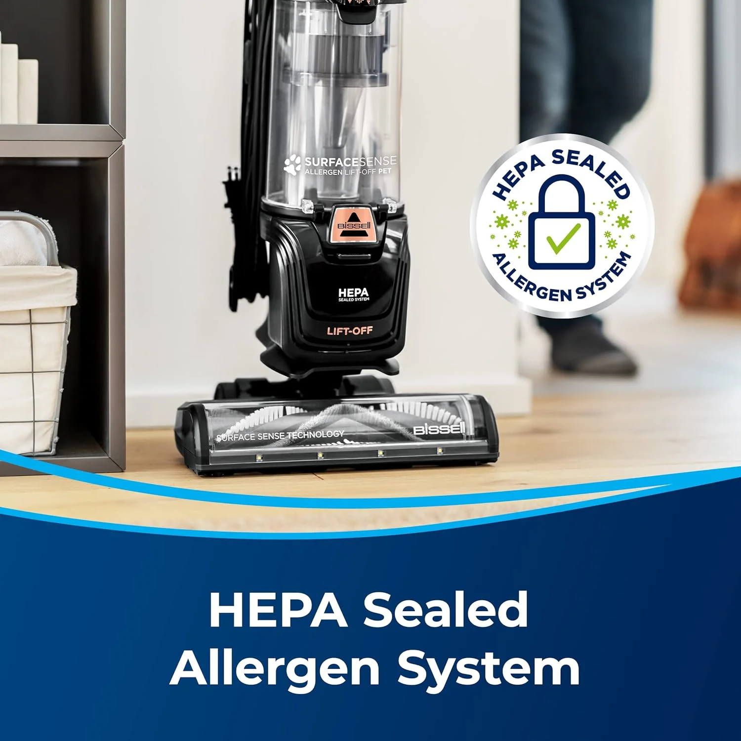 BISSELL SurfaceSense Allergen Lift-Off Pet, Bagless, Upright Vacuum, Pet Friendly, Surface Detect Technology, LED Headlights, Tangle-Free Brush Roll, 3415, Black & Copper