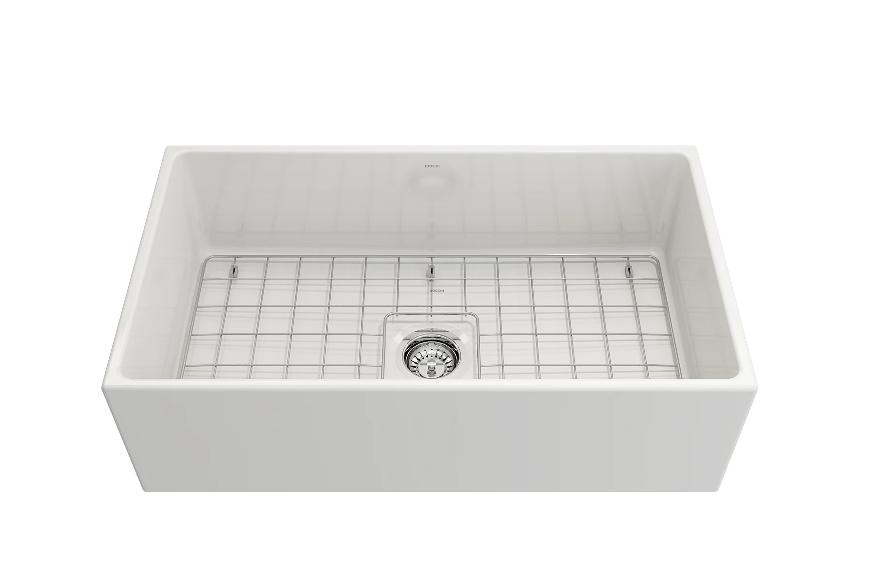 BOCCHI Contempo Apron Front Fireclay 33 in. Single Bowl Kitchen Sink with Protective Bottom Grid and Strainer in White