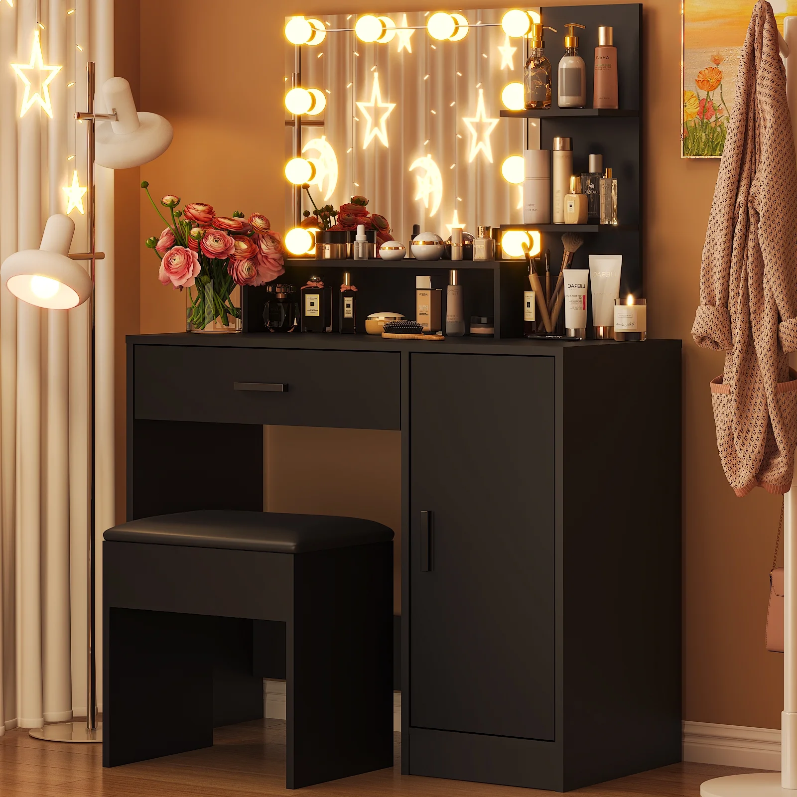 Ktaxon Vanity Set with 3 Color Lighted Mirror, Makeup Table with 3 Storage Shelves & Drawers, Dressing Table Makeup Desk with Stool,White