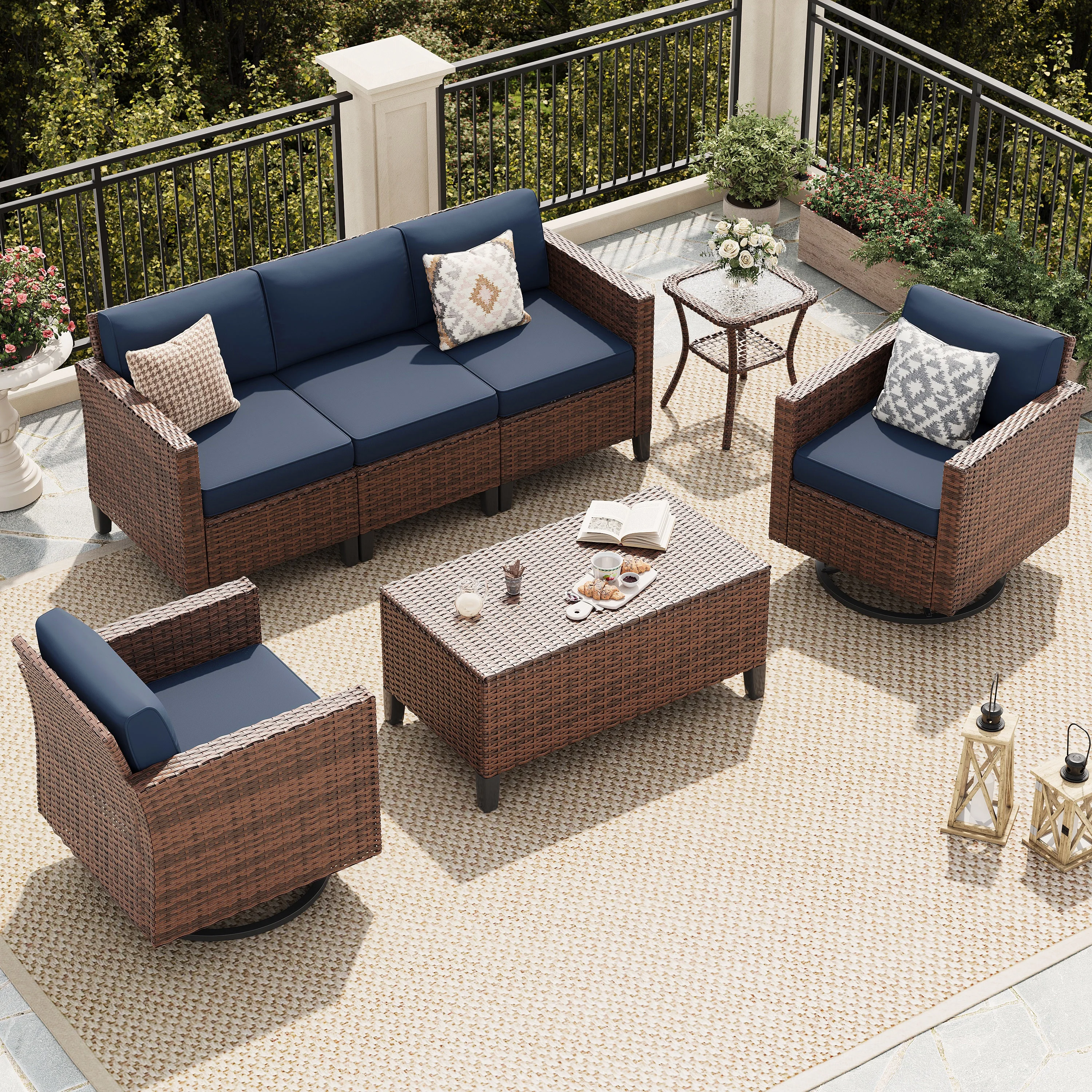 Poteban Outdoor Patio Furniture Set, Rocking Swivel Chair, 9 Pieces Wicker Rattan Sectional Furniture for Backyard (Grey)