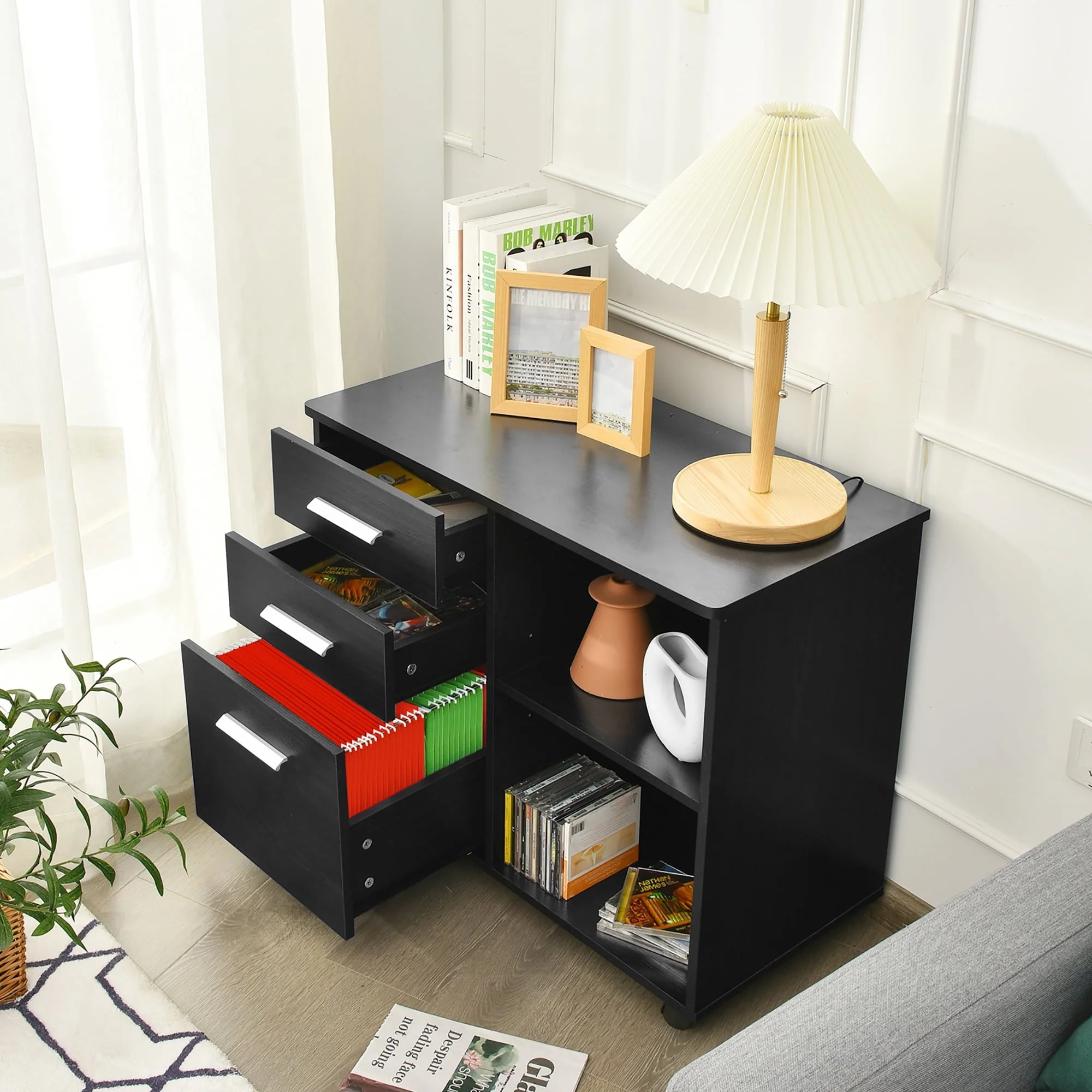 Costway 3-Drawer File Cabinet Mobile Lateral Cabinet Printer Stand Black