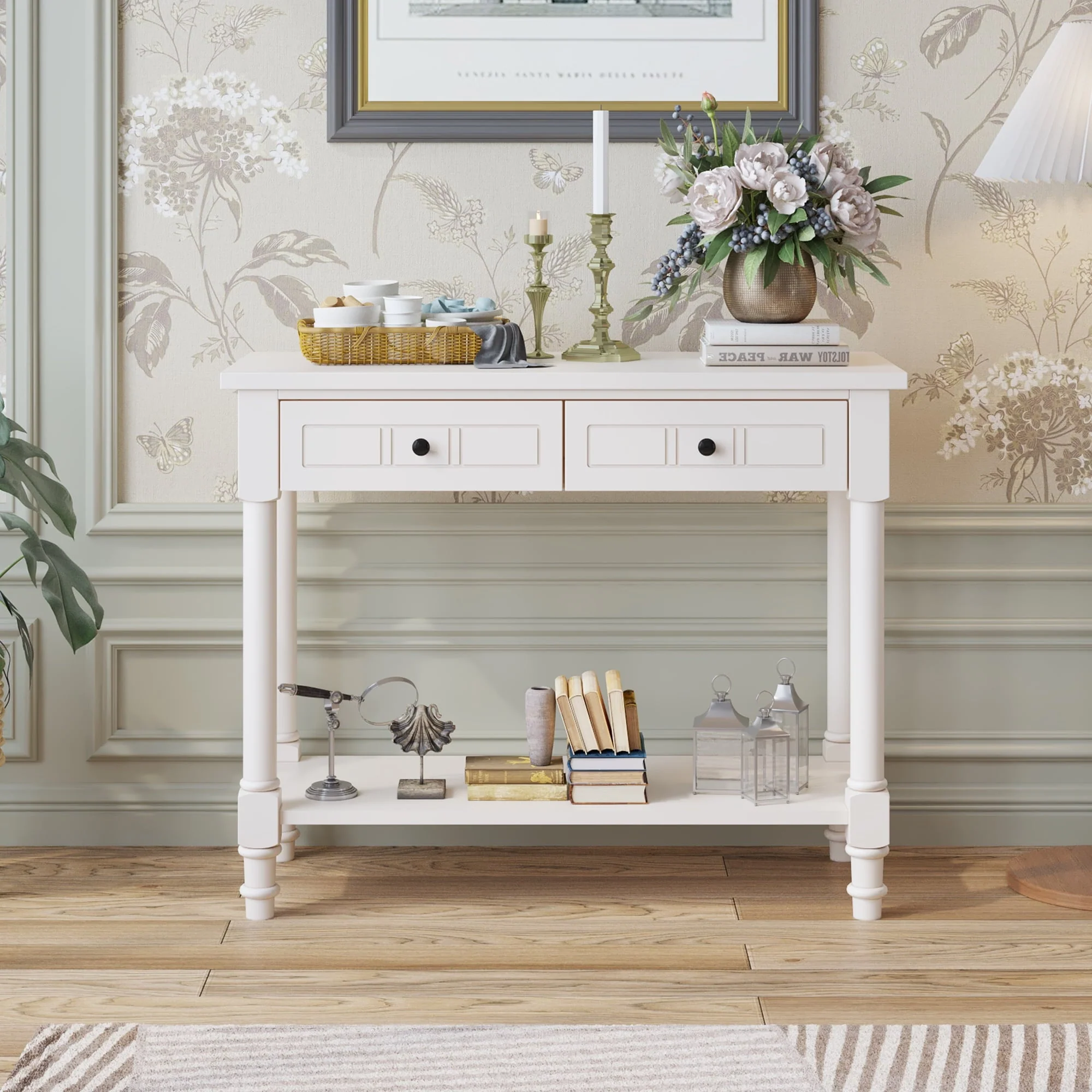 Ktaxon Wooden Console Table with 2 Drawers and Storage Shelf, Sofa Table Entryway Table Side Desk TV Stand for Living Room Hallway Kitchen, Ivory White