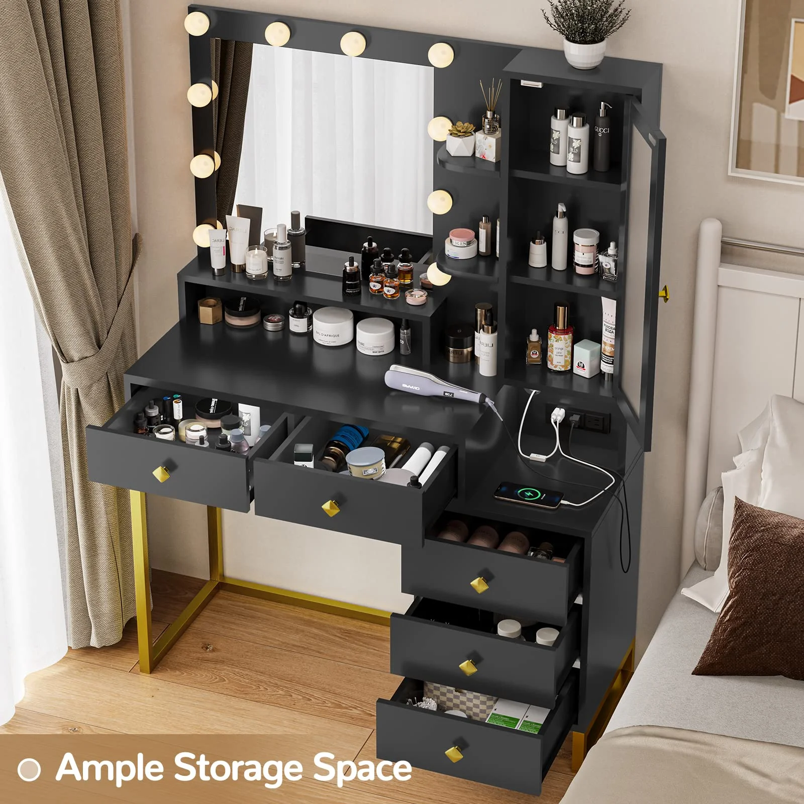 Vanity Desk with LED Lighted Mirror, Makeup Desk with 5 Storage Drawers & 6 Shelves, Vanity Table with Charging Station, Modern Dressing Table with 3 Color Lighting Options, White