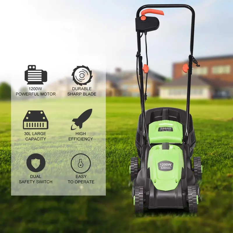 14-Inch Corded Electric Lawn Mower – 12-Amp Push Mower with Grass Bag & Foldable Handle