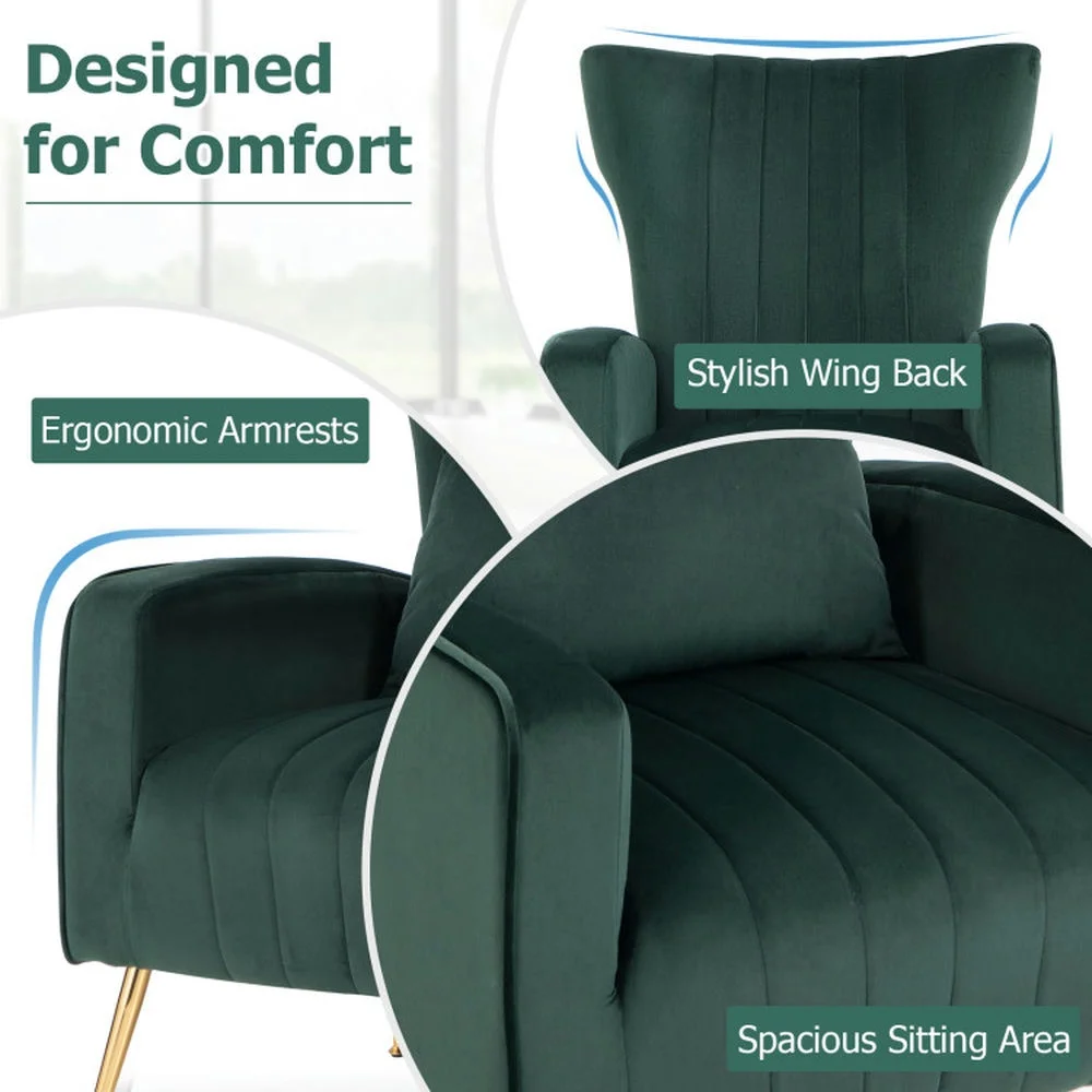 Canddidliike Velvet Upholstered Wingback Chair with Lumbar Pillow and Golden Metal Legs-Turquoise, Padded Seat, Wingback Chair for Bedroom Desk