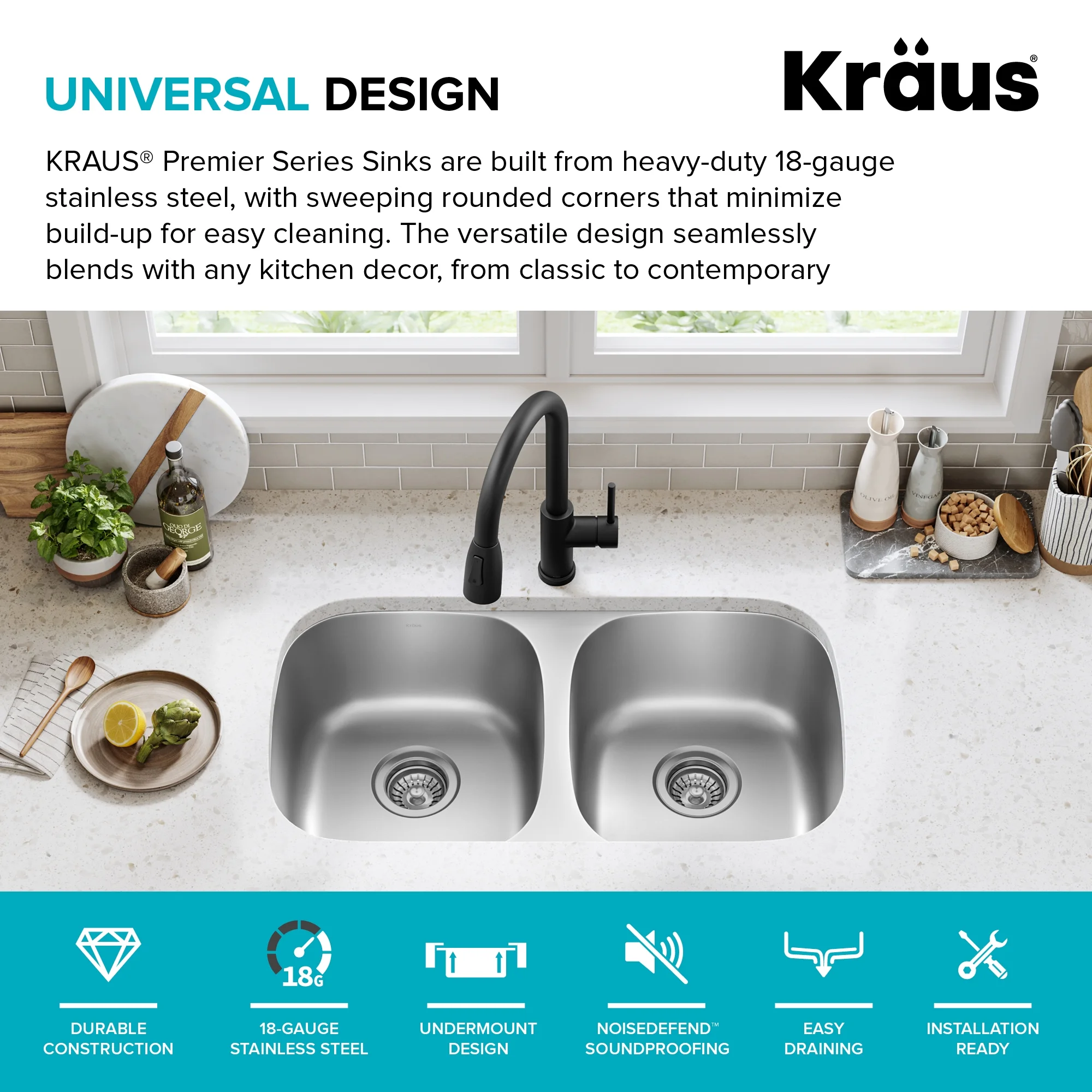 KRAUS Premier 32�� Undermount 50/50 Double Bowl 18-Gauge Stainless Steel Kitchen Sink