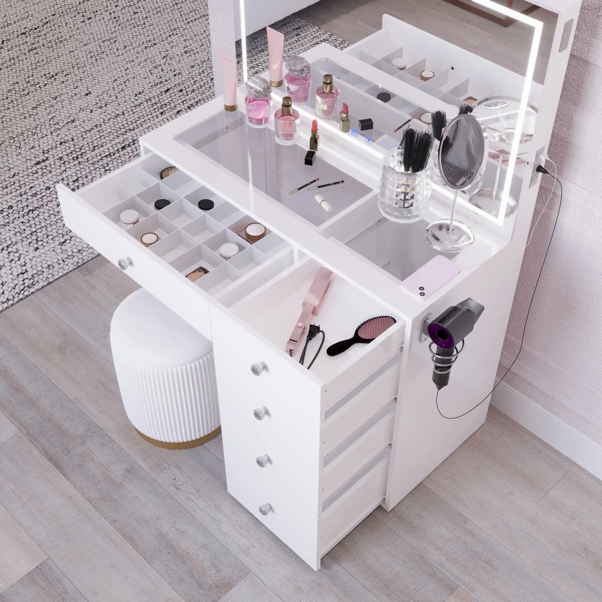 Boahaus Alana White Vanity Desk with LED Lighted Mirror, 5 Drawers, Jewelry Divider, Bluetooth Speakers, and Charging Station