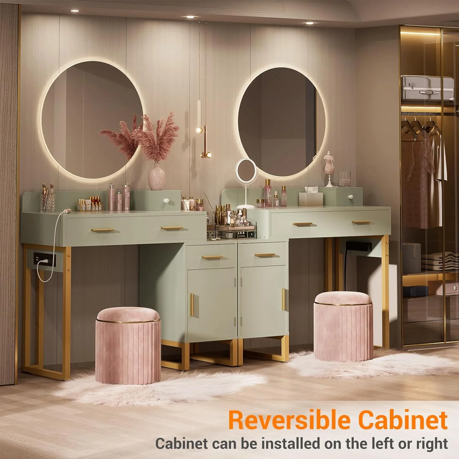 Vanity Desk With 4 Drawers and Cabinet, Makeup Vanity Table With Charge Station Socket, Small Space Makeup Bedside Cupboard, Gift for Her Choice, Suit for Apartment/Dorm/Bedroom, Cute Pink