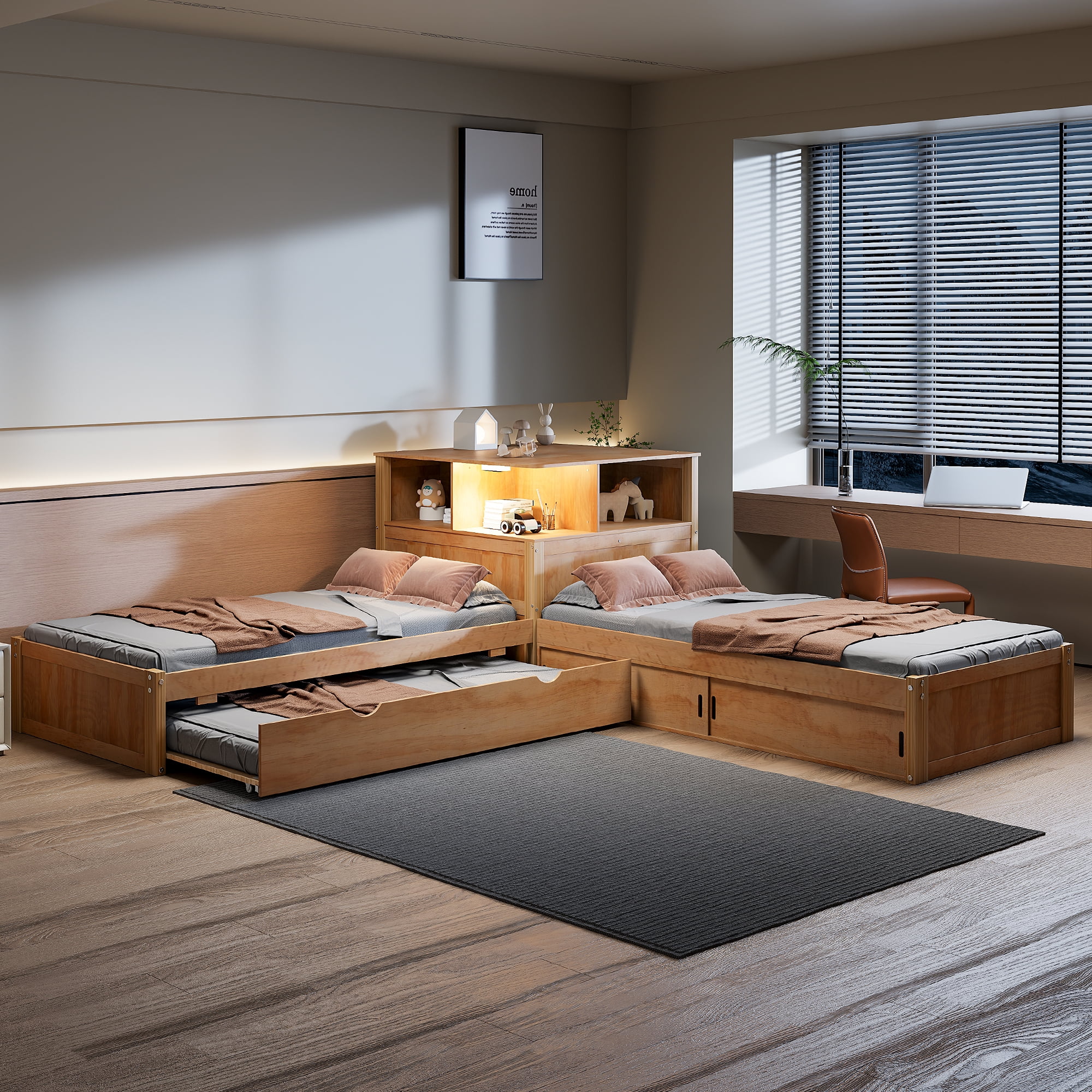 Euroco Pine Wood L-Shaped Twin Platform Bed with Storage Desk, Cabinets, Trundle and LED Light for Kids Teens, Gray