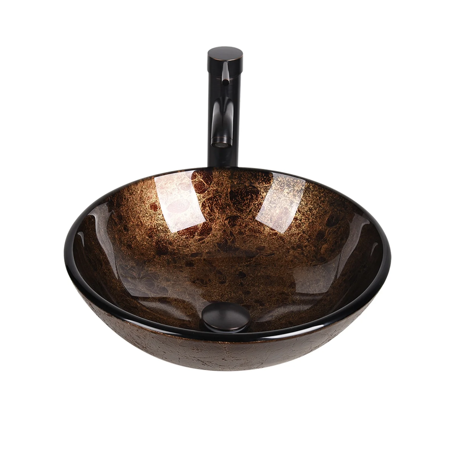 PULUOMIS Vessel Sink and Faucet Combo Bath Sinks with Mounting Ring and Pop Up Drain Round Bowl Basin Brown