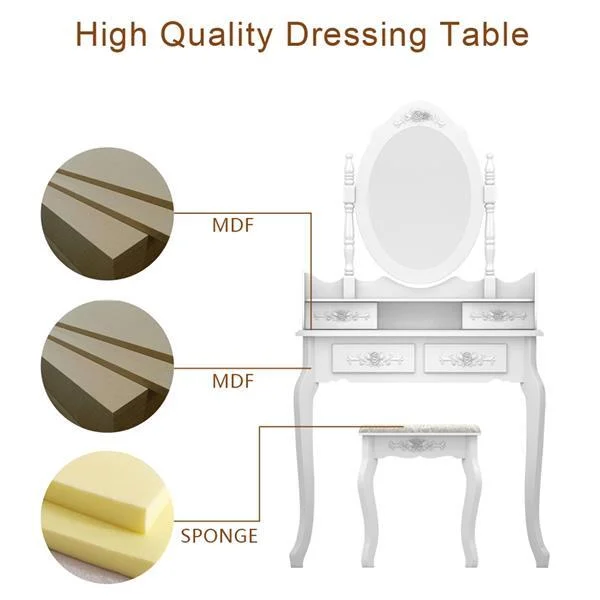 Alvantor Makeup Vanity Desk with Mirror, 4-Drawer Dressing Table with 360�� Rotation Mirror & Stool, White