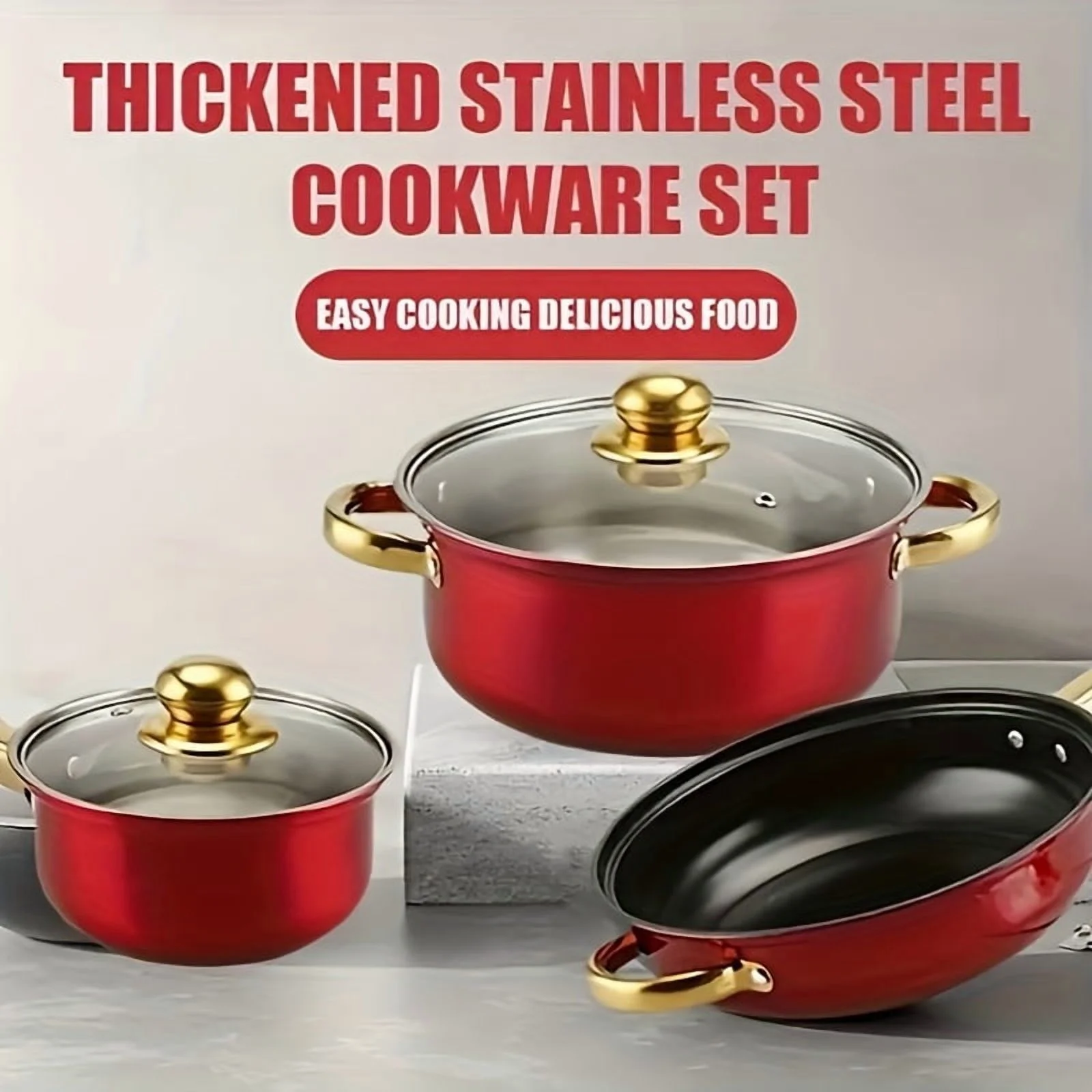 Red 18pcs Stainless Steel Cookware Set, Non-stick Cookware Set, Heat-resistant, Frying Pan, Saucepan, Stew Pot, Multifunctional, Stylish, Durable, Suitable For All Stoves