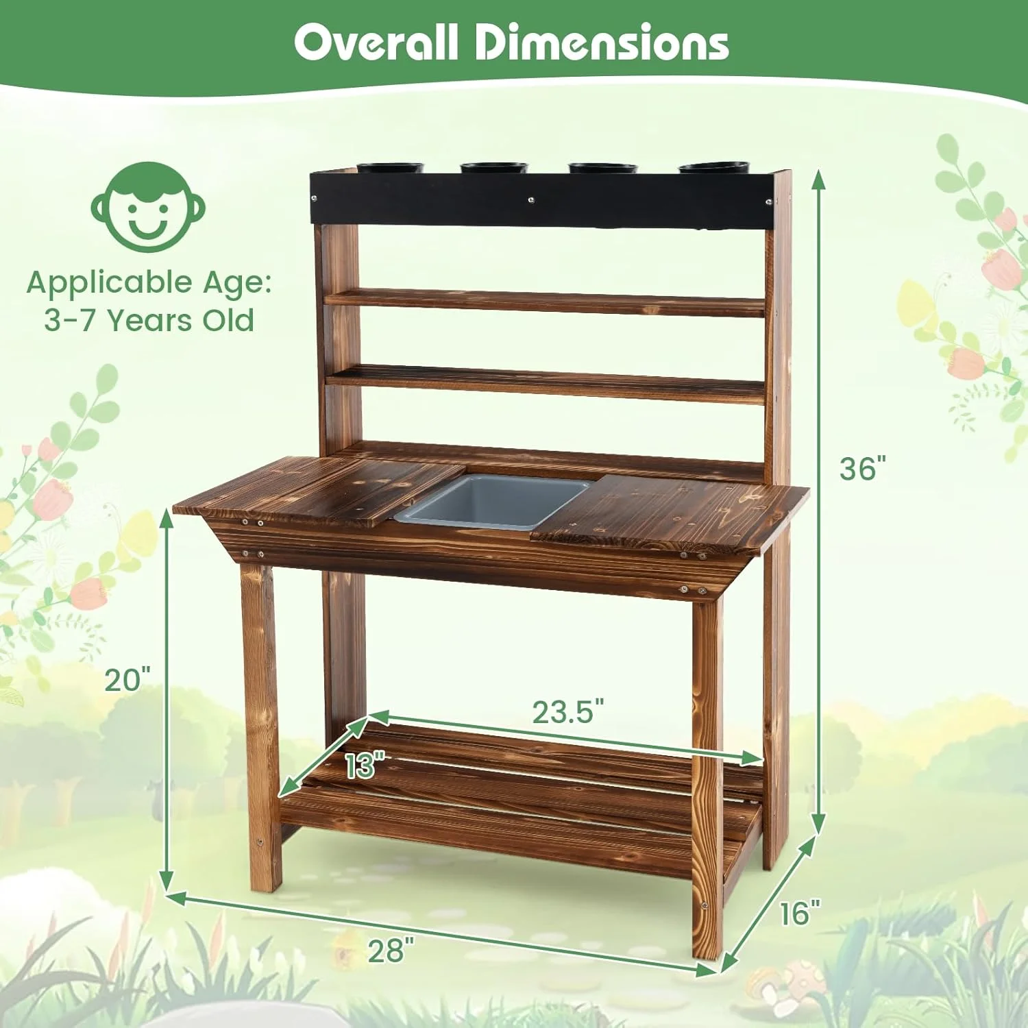 DORTALA Kids Potting Bench, Fir Wood Outdoor Mud Table with Removable Sink, 4 Pots, Chalkboard, Storage Shelves, Garden Kid Kitchen Playset, Mud Kitchen for Kids Outdoor