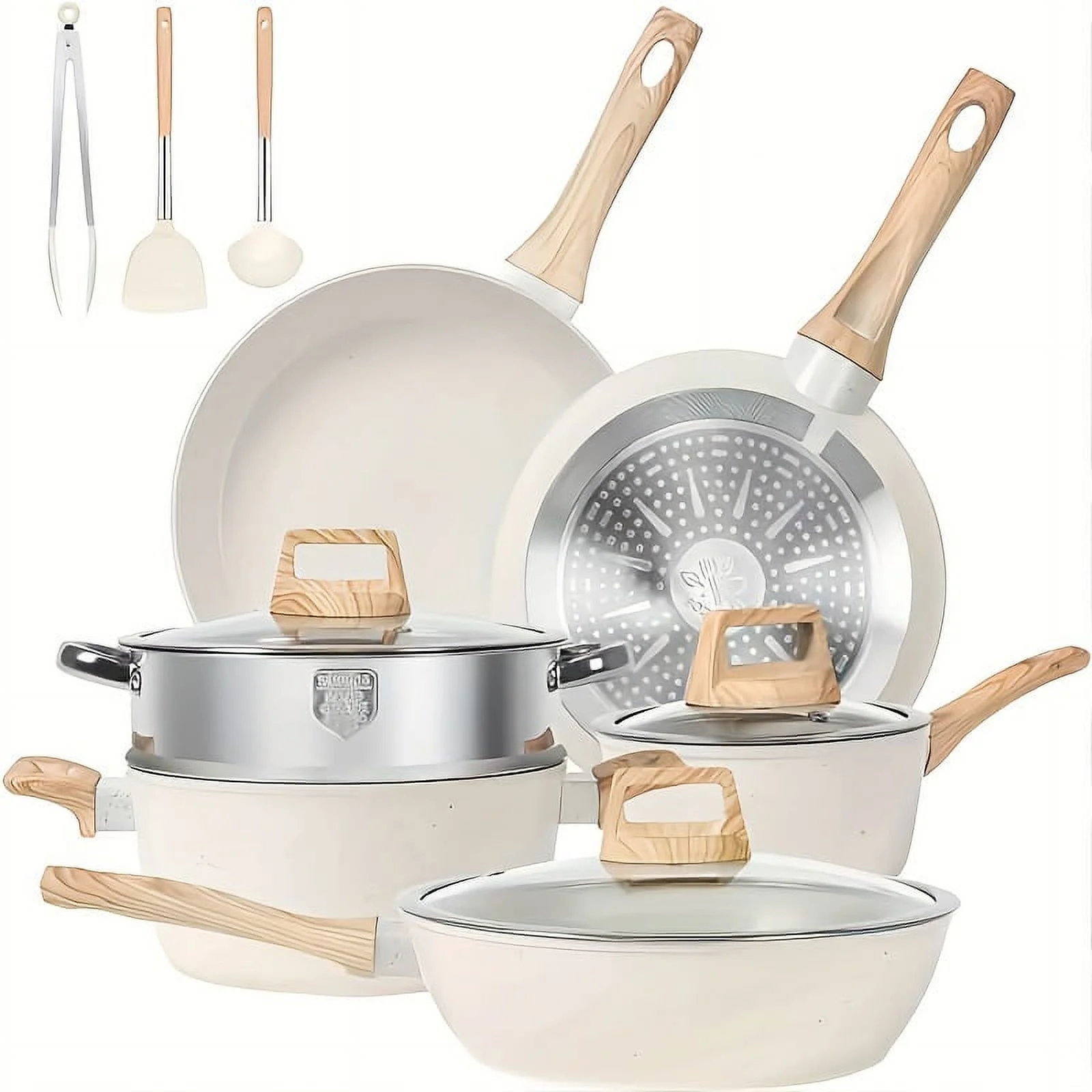 Non-stick 12 POTS and pans Set, Cookware Set, including frying pan, pan, steamer, silicone spatula and tongs - Granite cooking Set (black)