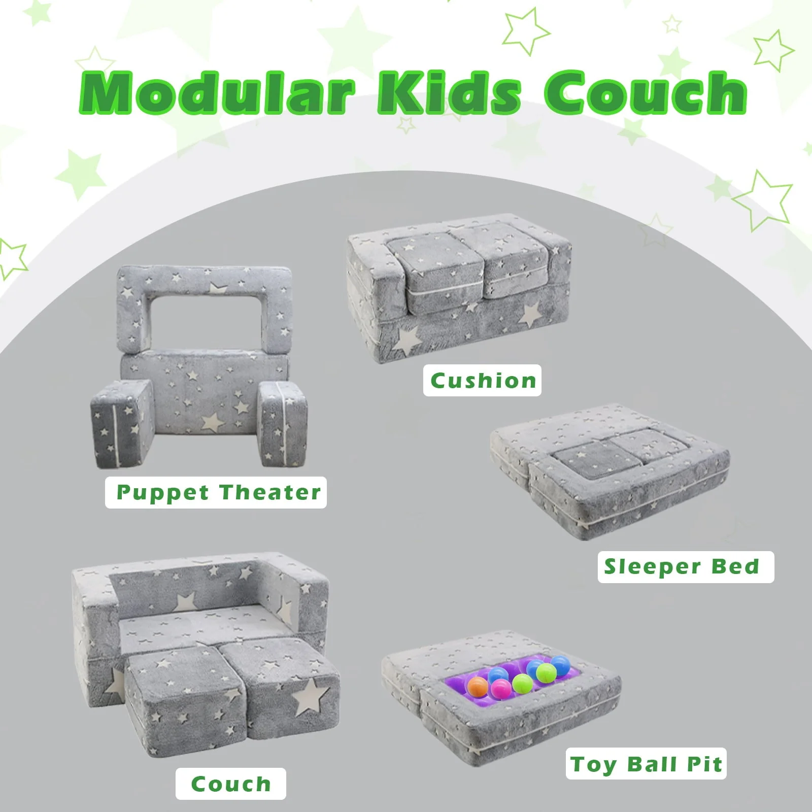 MeMoreCool Kids Couch Toddler Sofa, Fold Out Couch Modular Toddler Couch for Boy Girl, Glow in the Dark Children Convertible Plush Sofa Play Foam Sofa Bed for Playroom Bedroom, Star Grey