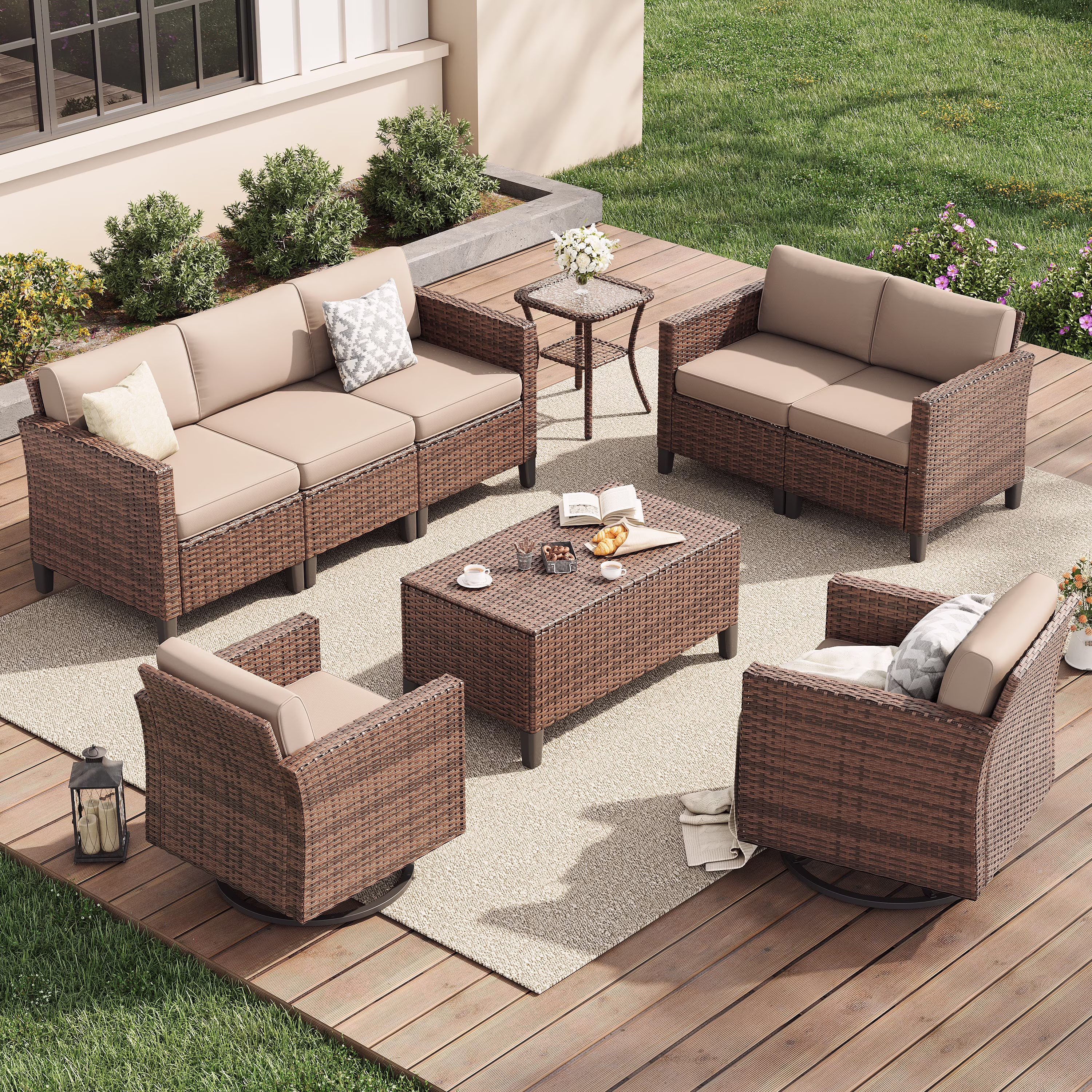 Poteban Outdoor Patio Furniture Set, Rocking Swivel Chair, 9 Pieces Wicker Rattan Sectional Furniture for Backyard (Grey)