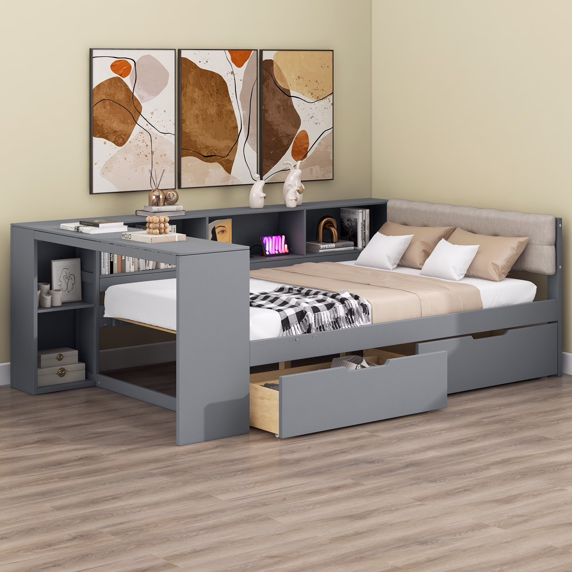 Euroco Wood Twin Size Platform Bed with Desk and Shelves, Drawers and USB Charging for Kids, Cream