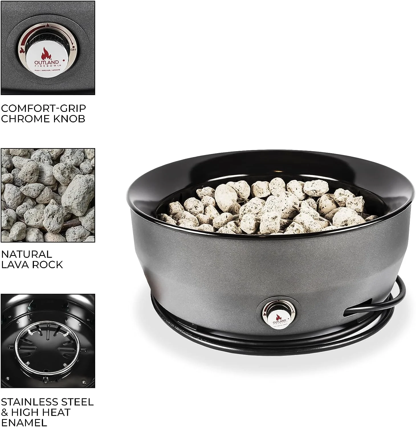 Outland Living Large Outdoor Propane Gas Fire Pit for Outside, 60,000 BTU/h, 24 inch with Lid - Modern Lake Country 800 Fire Bowl Firepit for Patio, Graphite Gray