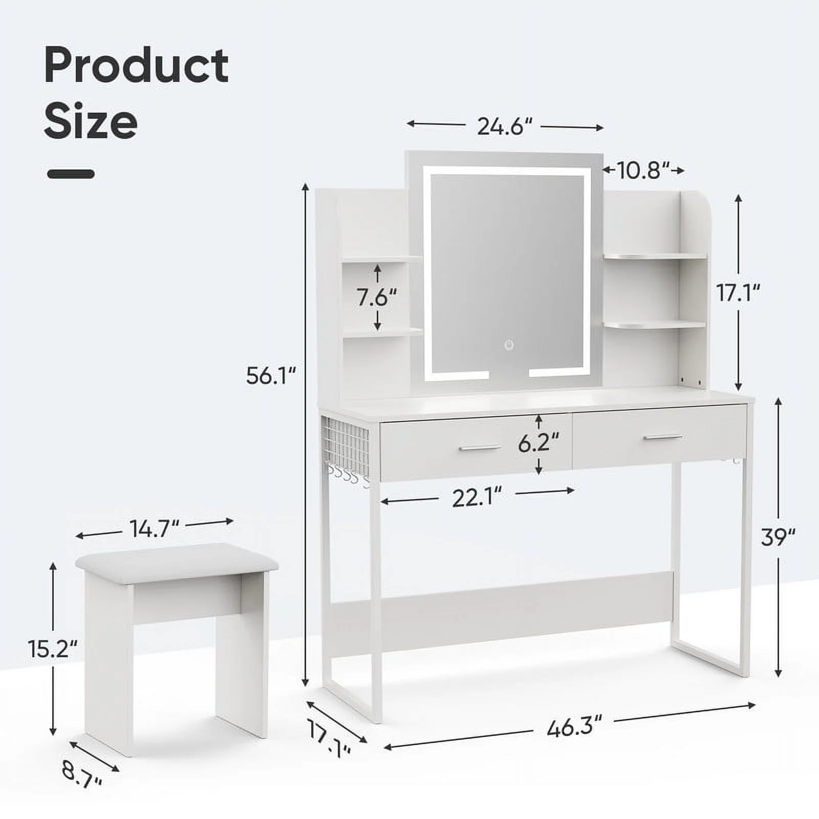 Vanity Desk with Chair, White Makeup Desk Set with Mirror & LED Lights, Vanity Table with Power Strip, 2 Drawers, 4 Shelves