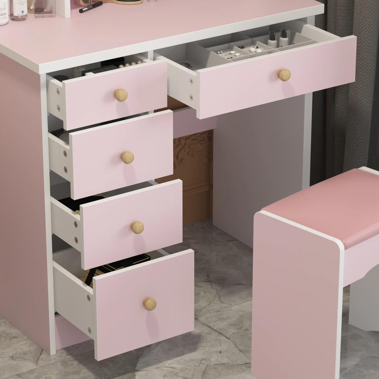 OXYLIFE Makeup Vanity Desk Table with Sliding LED Lighted Mirror, Cushion Stool, 4 Drawers and Shelves, White+Gray