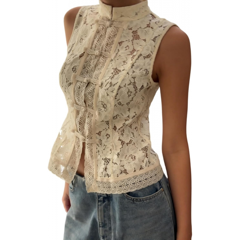 Sheer Lace Tank Top Mock Neck Frog Button Mandarin