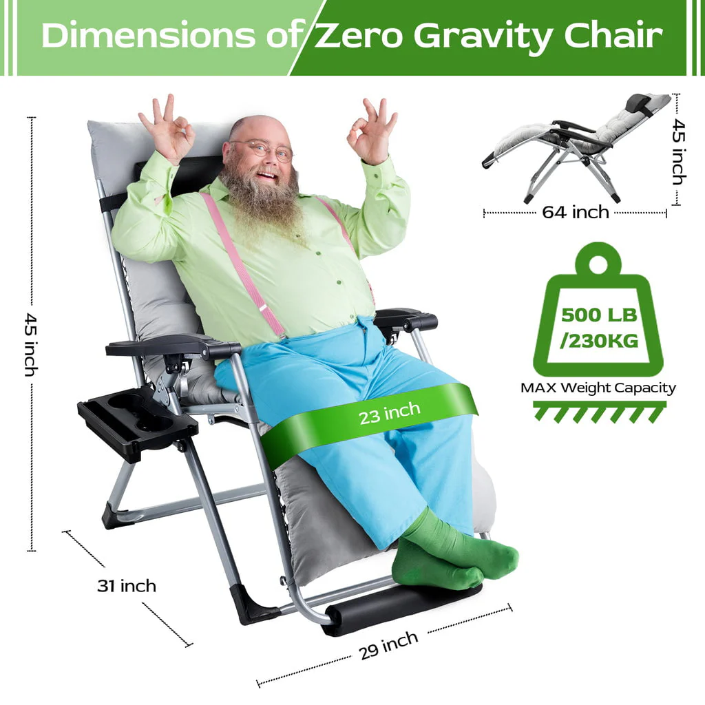 Oversized Zero Gravity Chair. VECUKTY Oversized XL Ergonomic Patio Recliner Folding Reclining Chair for Indoor and Outdoor. Gray