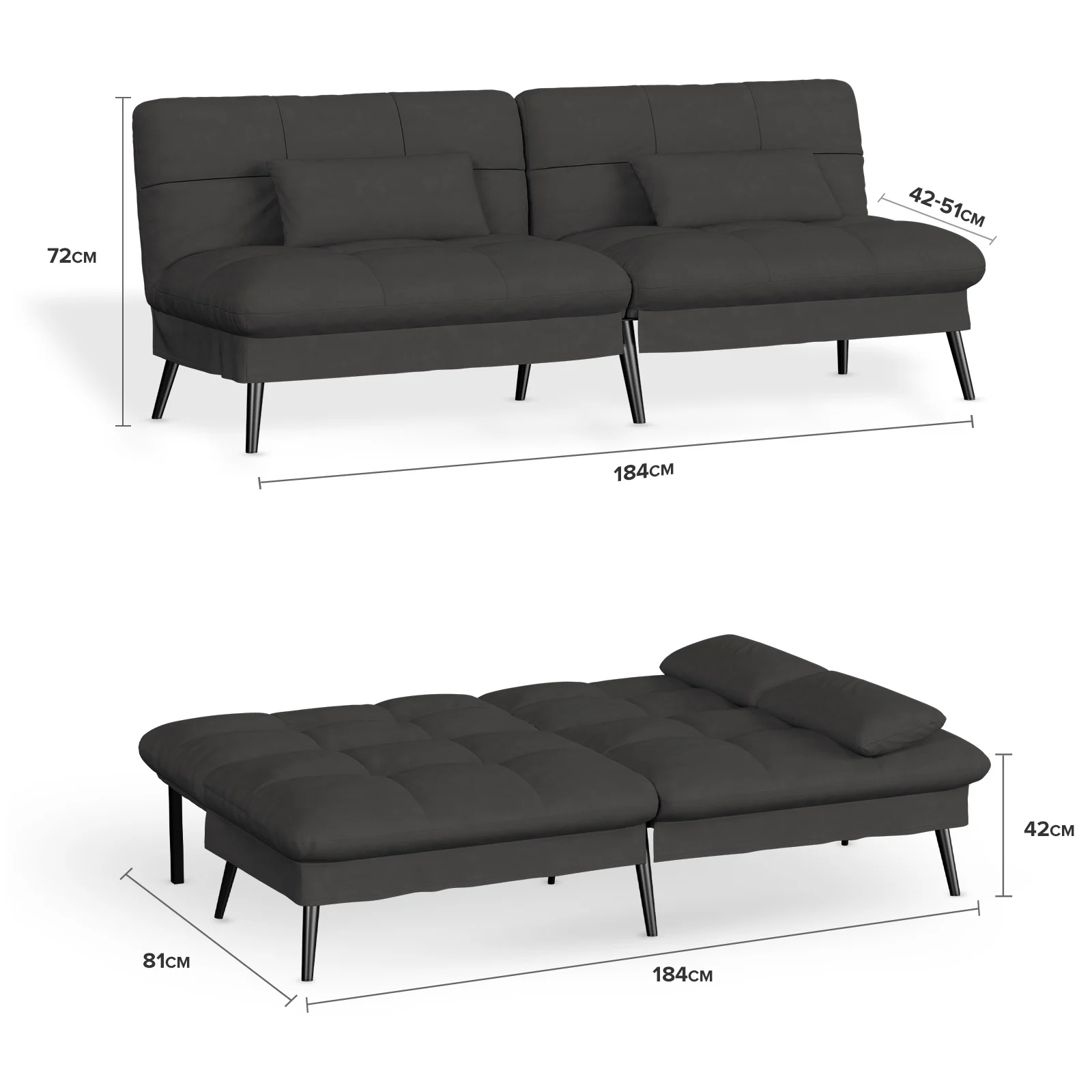 Futon Sofa Bed 73�� W Large Size Fabric Futon Couch with Adjustable Backrest Folding Futon Sleeper Recliner,Black