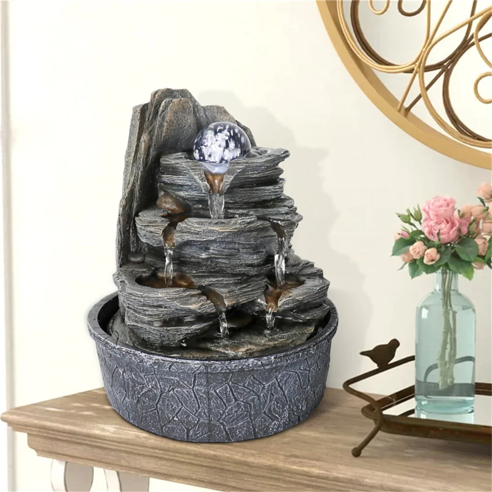 Indoor Water Fountain Tabletop with LED Light, Crystal Ball - 3 Step Zen Modern Portable Rock Waterfall Fountain for Office Desktop Decor