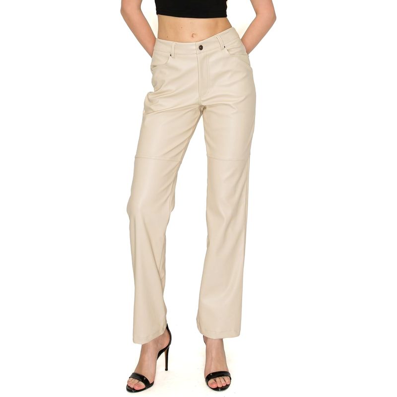 Women's Straight Leg Faux Leather Pants with Pockets
