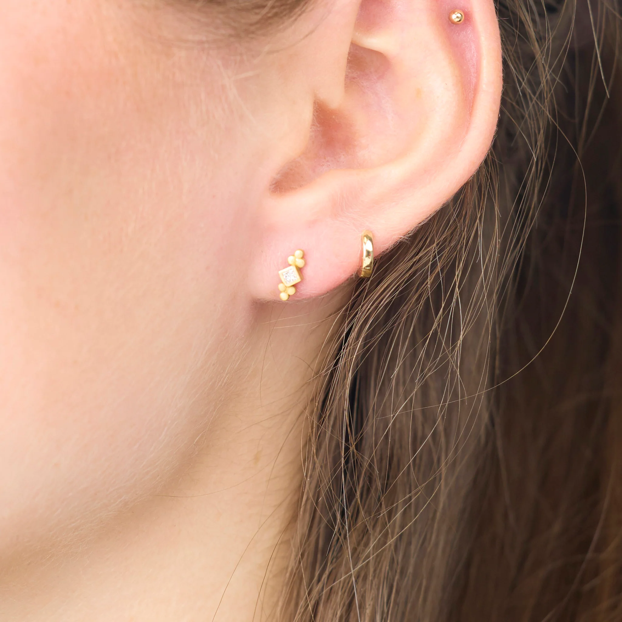 Square Diamond Studs with Gold Trios