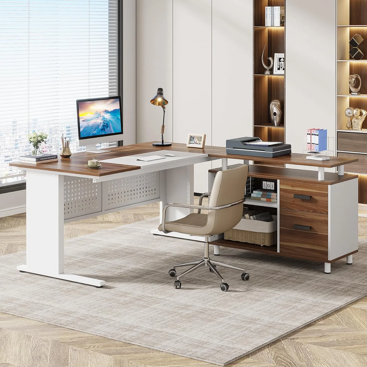 Tribesigns 63 Inch Executive Desk with File Cabinet, Large Office Desk L Shaped Computer Desk with Drawers and Storage Shelves, Business Furniture Desk Workstation for Home Office, Brown and Black