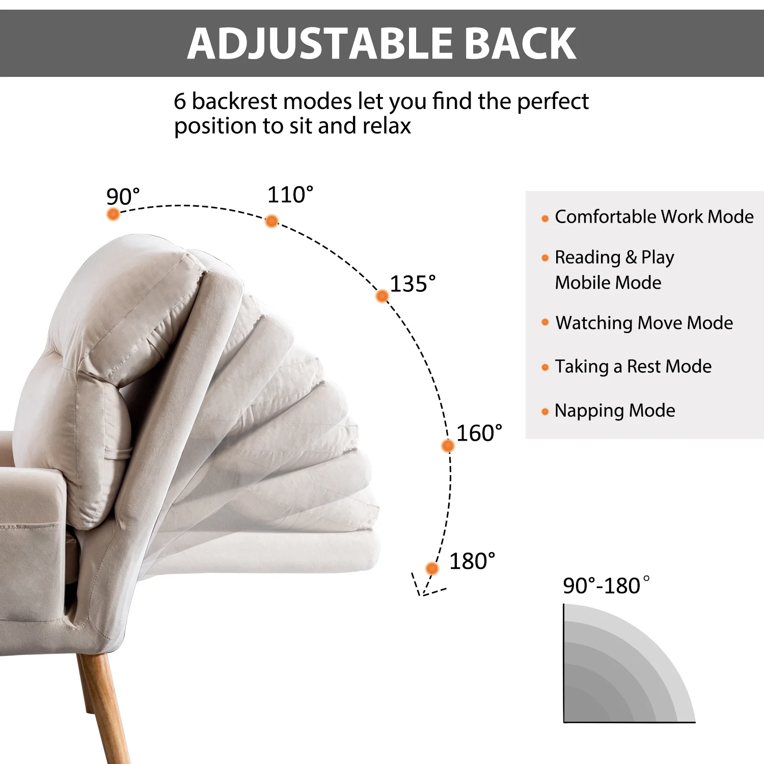 Bestier Adjustable Accent Chairs with Ottoman, Velvet Fabric Armchair for Bedroom Living Room, Comfy Lounge Chair with Padded Backrest and Side Pocket, Soft Reading Chair, Beige